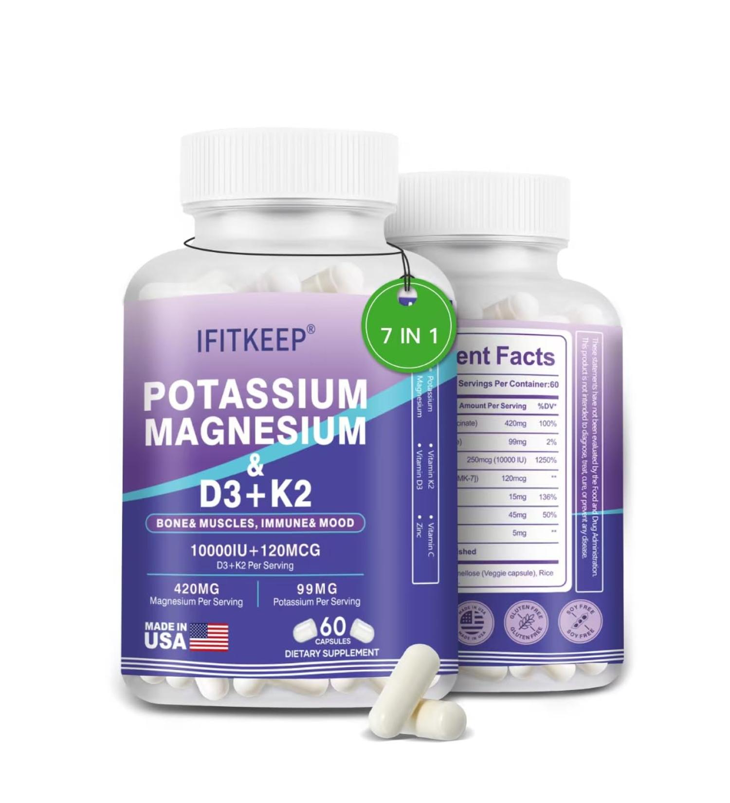 SUWENY Magnesium Potassium D3 K2 10000IU Supplement - Bone/Heart Health Immune/Mood Support Energy for Adults - High Absorption Non-GMO - 60 Caps (1) - Buy Online on GoSupps.com