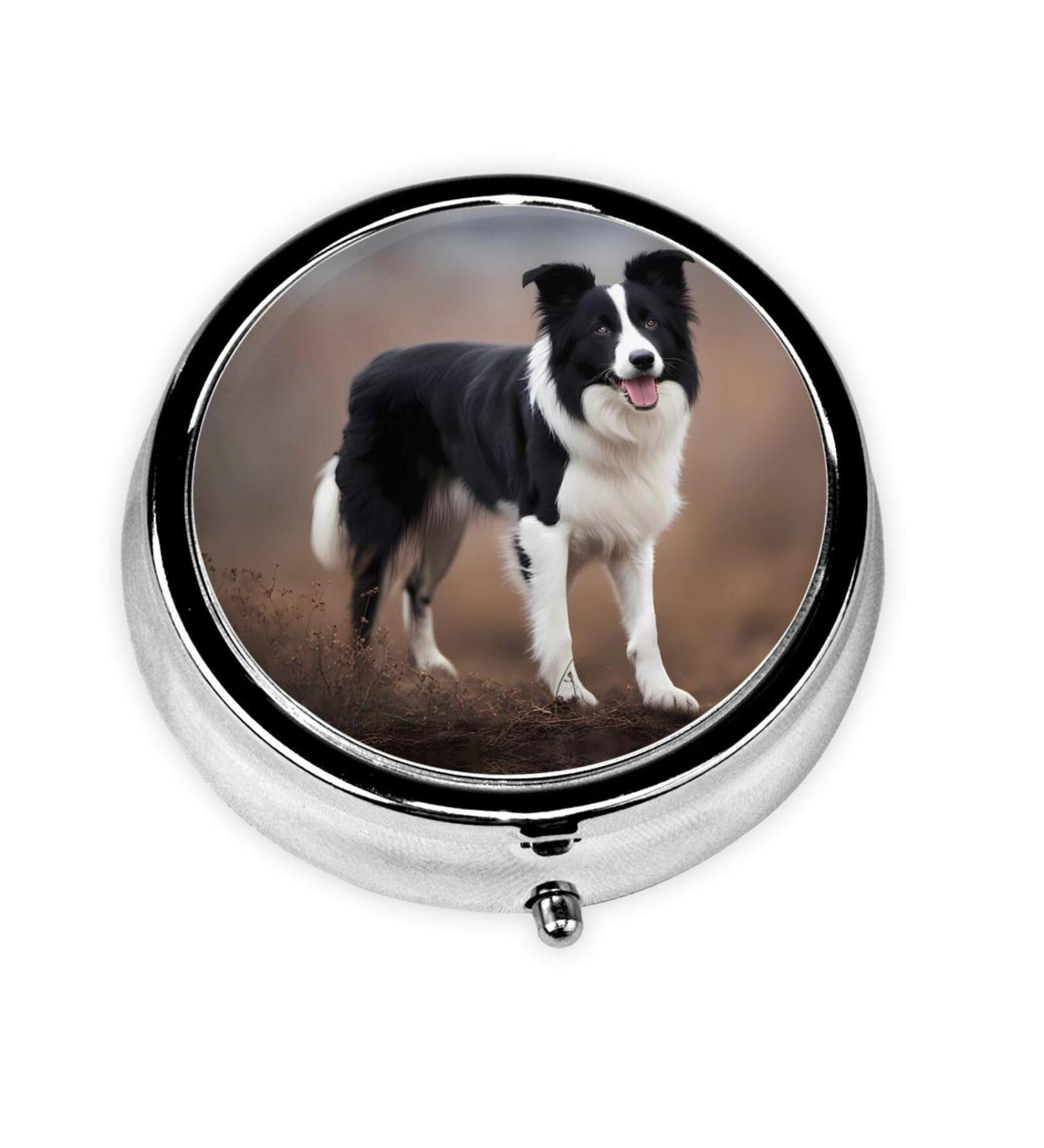 Border Collie Mini Metal Pill Box - 2x2x0.7 in Travel Medicine Organizer for Purse & Pocket - Buy Online on GoSupps.com
