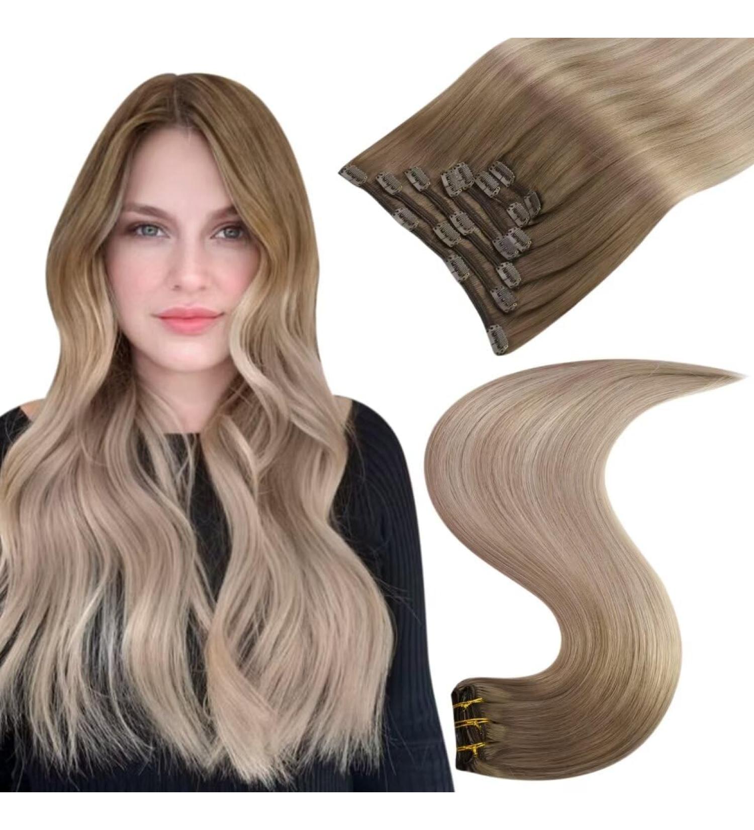 Easyouth 14 Inch Balayage Clip in Hair Extensions - Real Human Hair Brown to Blonde Ombre - 7Pcs Clip #8/60/18 - Buy Online on GoSupps.com