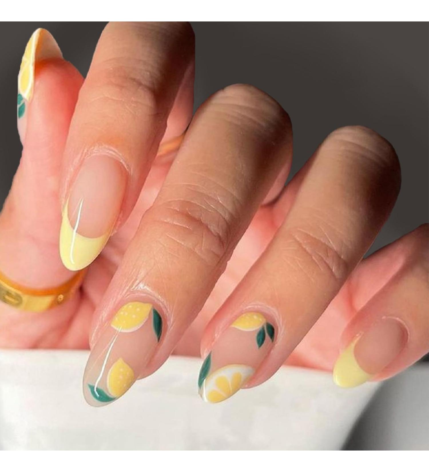 NICENEEDED Summer Press on Nail Medium Lemon Fake Nails Alomnd Yellow Full Cover False Nail Sticker on Nail Detachable Nail Tips French Tip Stick on Nails for Women and Girls - Buy Online on GoSupps.com
