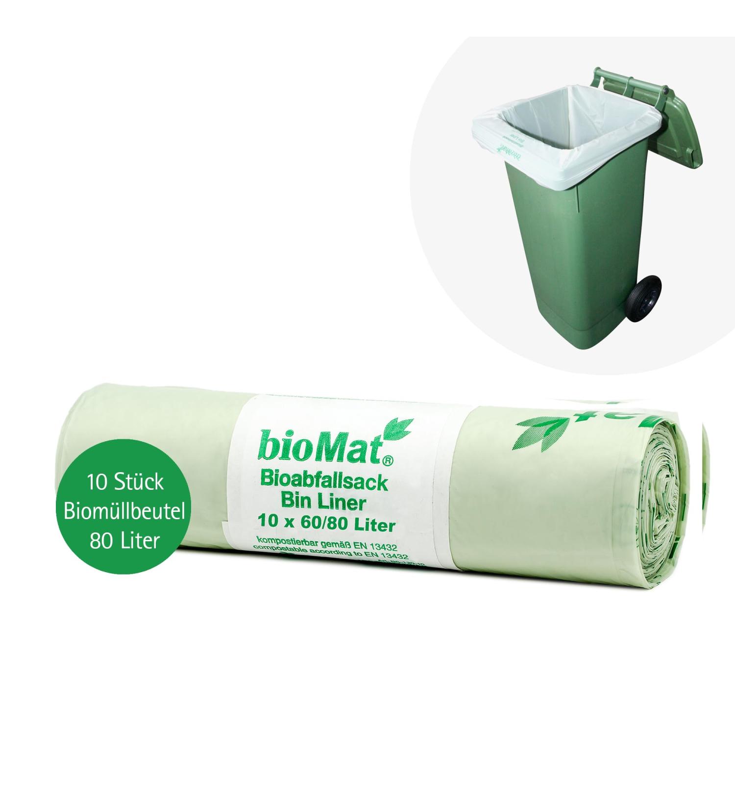 Biomat Compostable 80L Garbage Bags - 10 Premium Organic Waste Bags for Bio & Residual Waste Bin - Climate Neutral - Made in Germany - Buy Online on GoSupps.com
