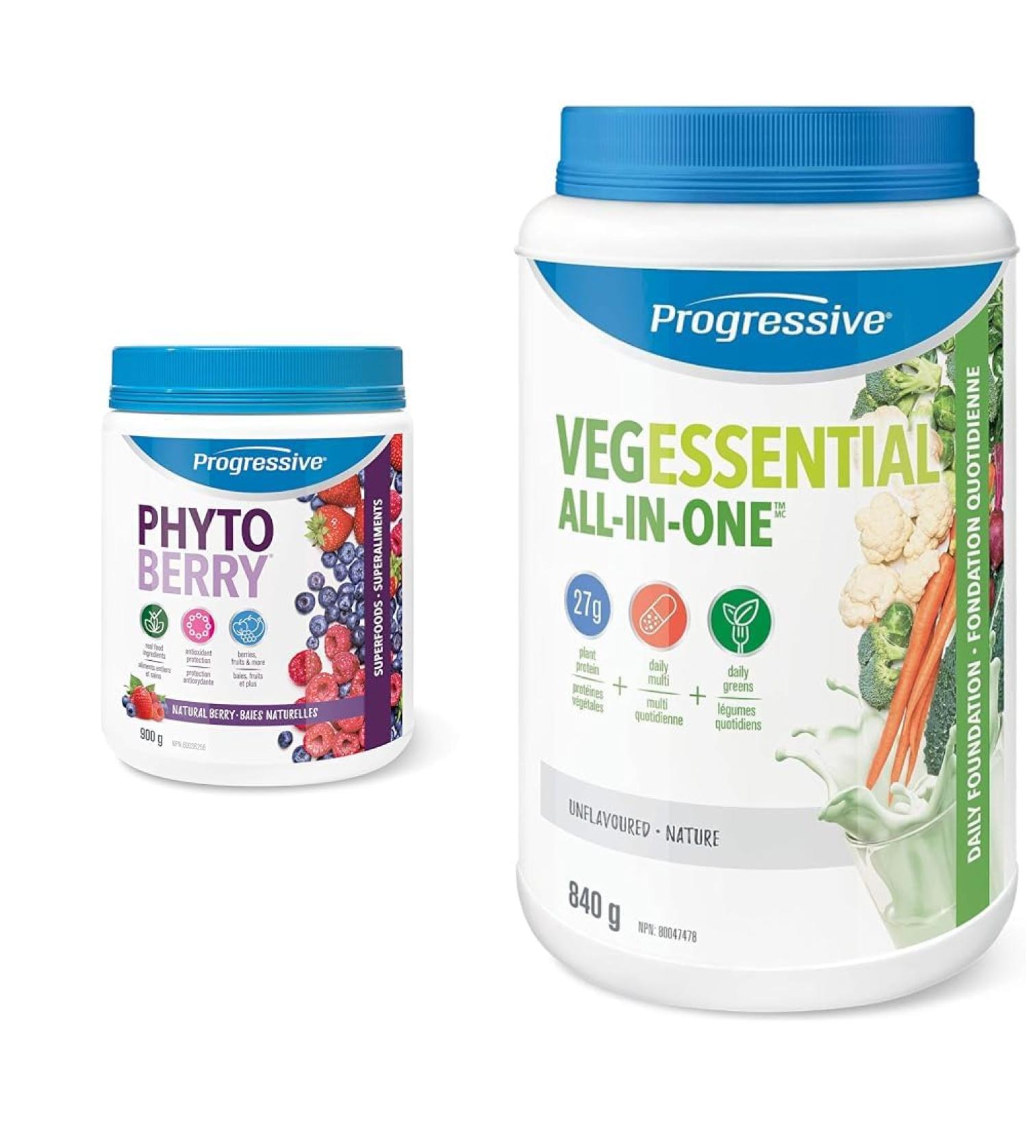 Progressive Phytoberry Supplement Powder - 900 g | Antioxidant source made with 40 fruit concentrates phytonutrients and plant oils & Progressive VegEssential All-In-One Vegan Protein 8 Servings (Pack of 1) Powder + Vegan Protein - Buy Online on GoSupps.com