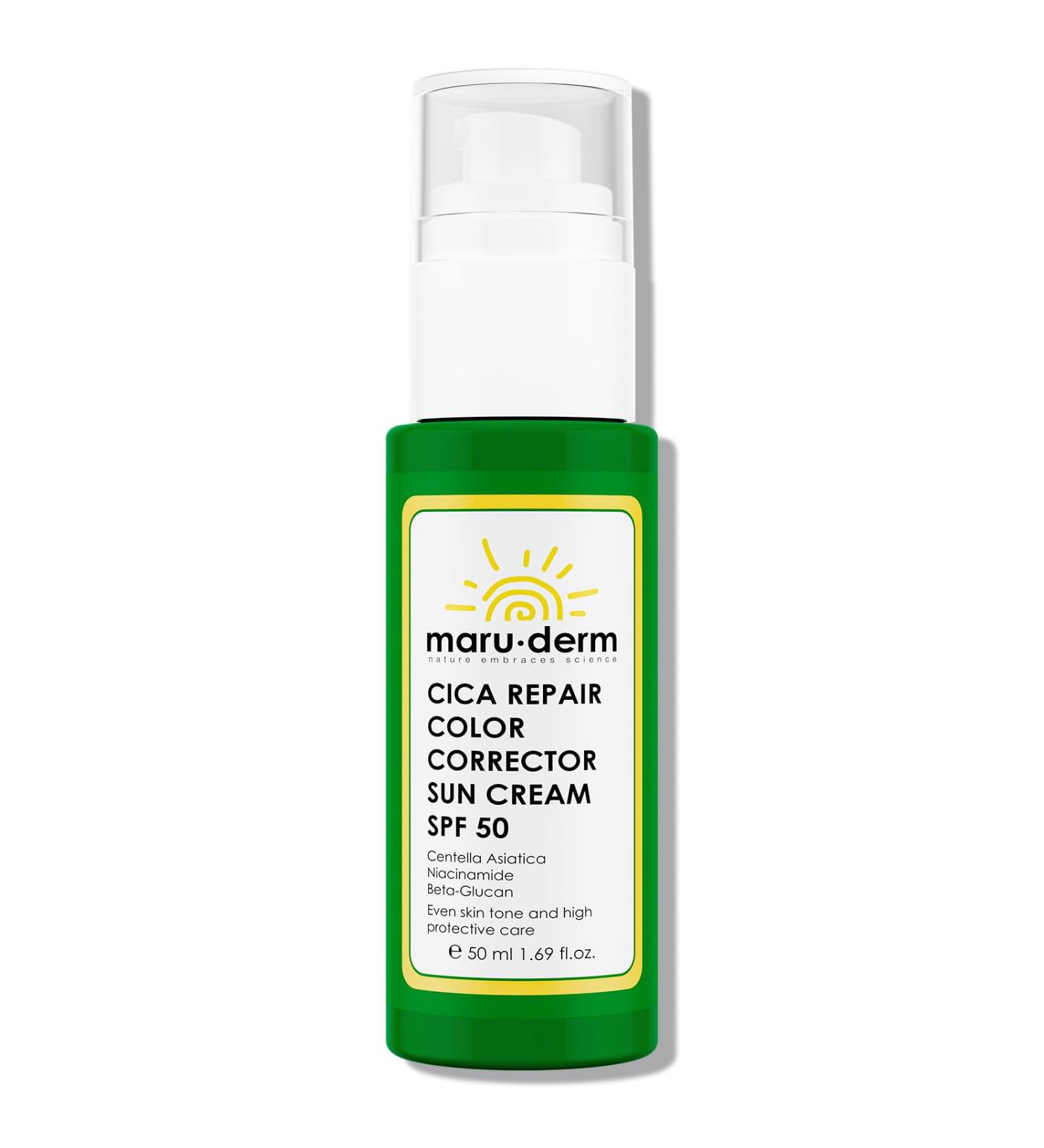 Maruderm SPF 50+ Tinted Corrective Cica Repair Sun Cream High UVAUVB Protection Moisturizing & Soothing with Centella Asiatica Reduces Redness & Evens Skin Tone 50 ML - Buy Online on GoSupps.com