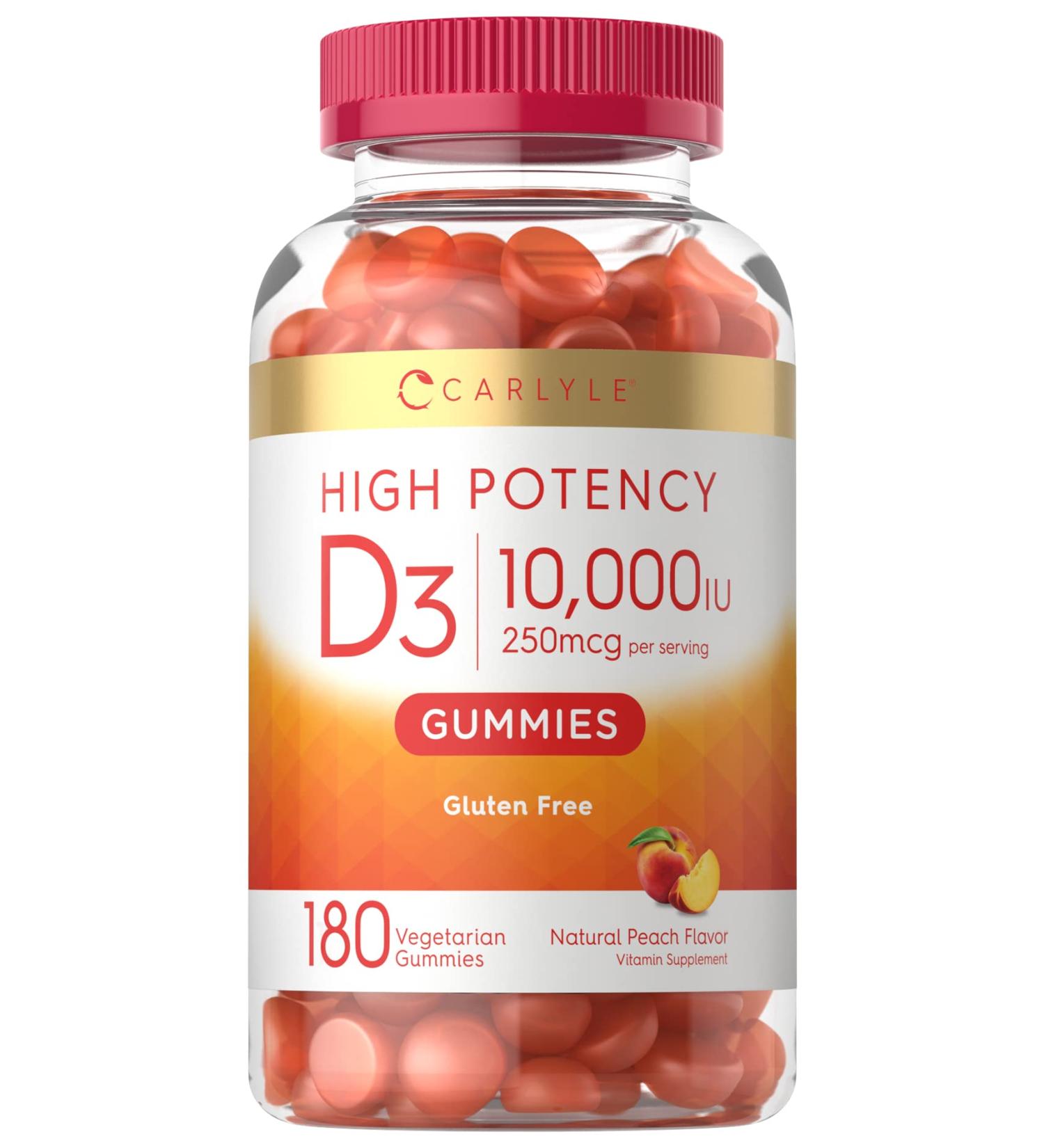Carlyle Vitamin D3 Gummies 10000 IU 180 Count - Vegetarian Non-GMO | Gluten Free Peach Flavored Supplement - Buy Online on GoSupps.com