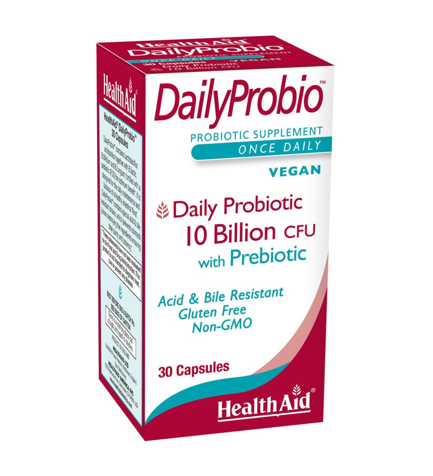 HealthAid DailyProbio 10 Billion CFU 10 Strain Vegan Probiotic with Prebiotic | Acid & Bile Resistant Dairy & Gluten Free Non-GMO | Once Daily Digestive Support