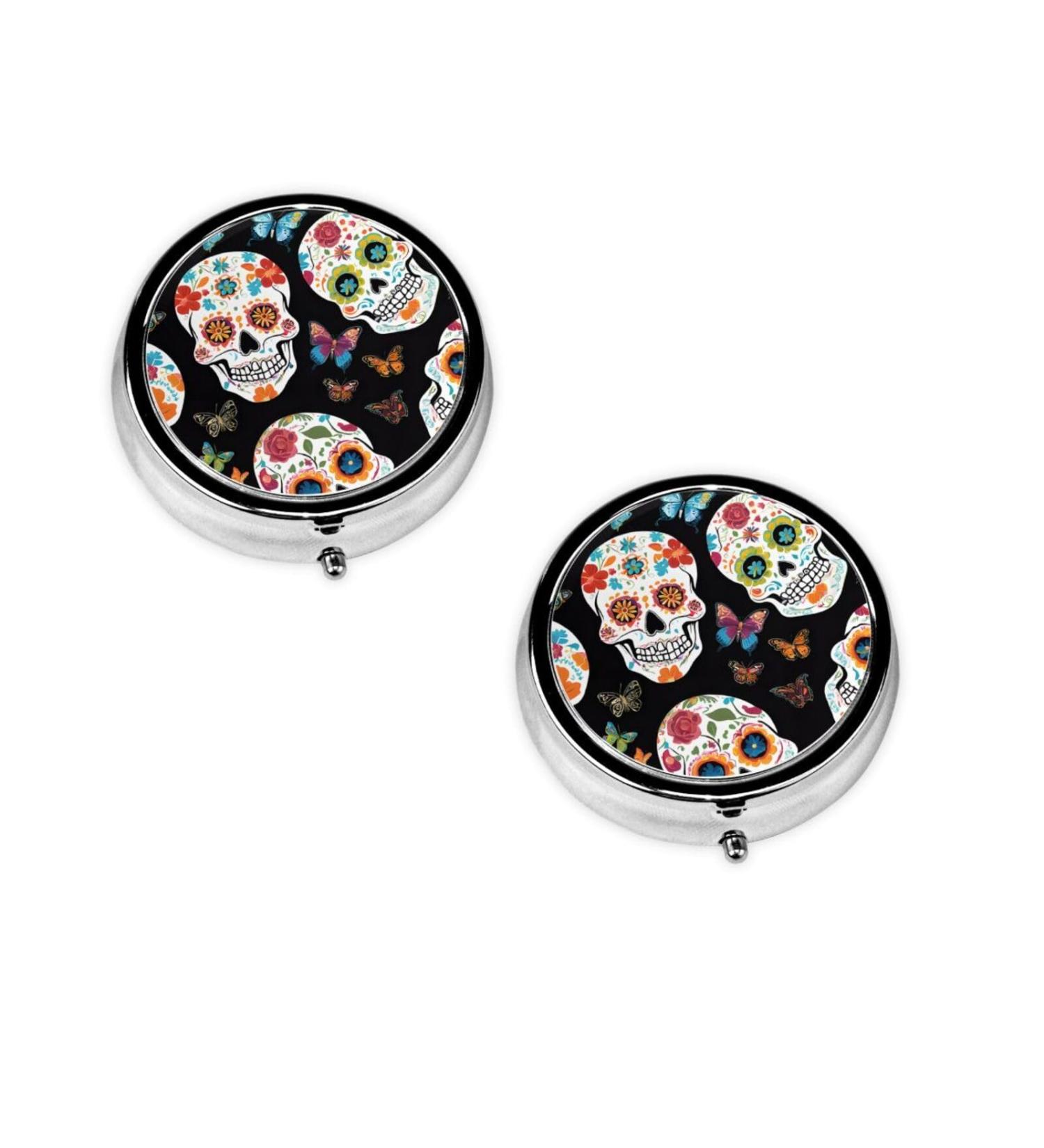 Buy Sugar Skulls Round Pill Box 3 Compartment Portable Travel Case for Vitamins & Medication | Mini Decorative Organizer - Buy Online on GoSupps.com