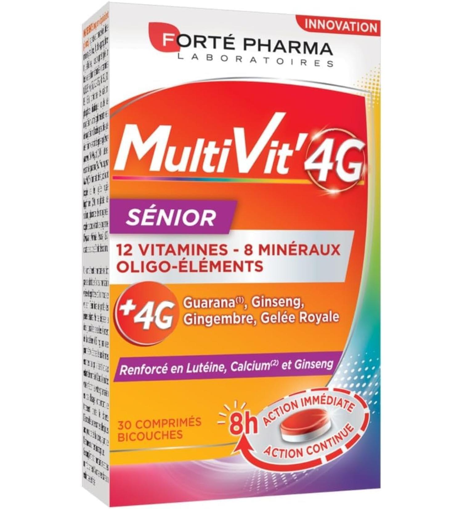 Fort Pharma - Multivit' 4G Senior | Food Supplement Form Tonus - Vitamins Minerals - Ginseng Luthein and Calcium - Energy Sight & Eyestrain | 30 Bi-Layer Tablets - Buy Online on GoSupps.com