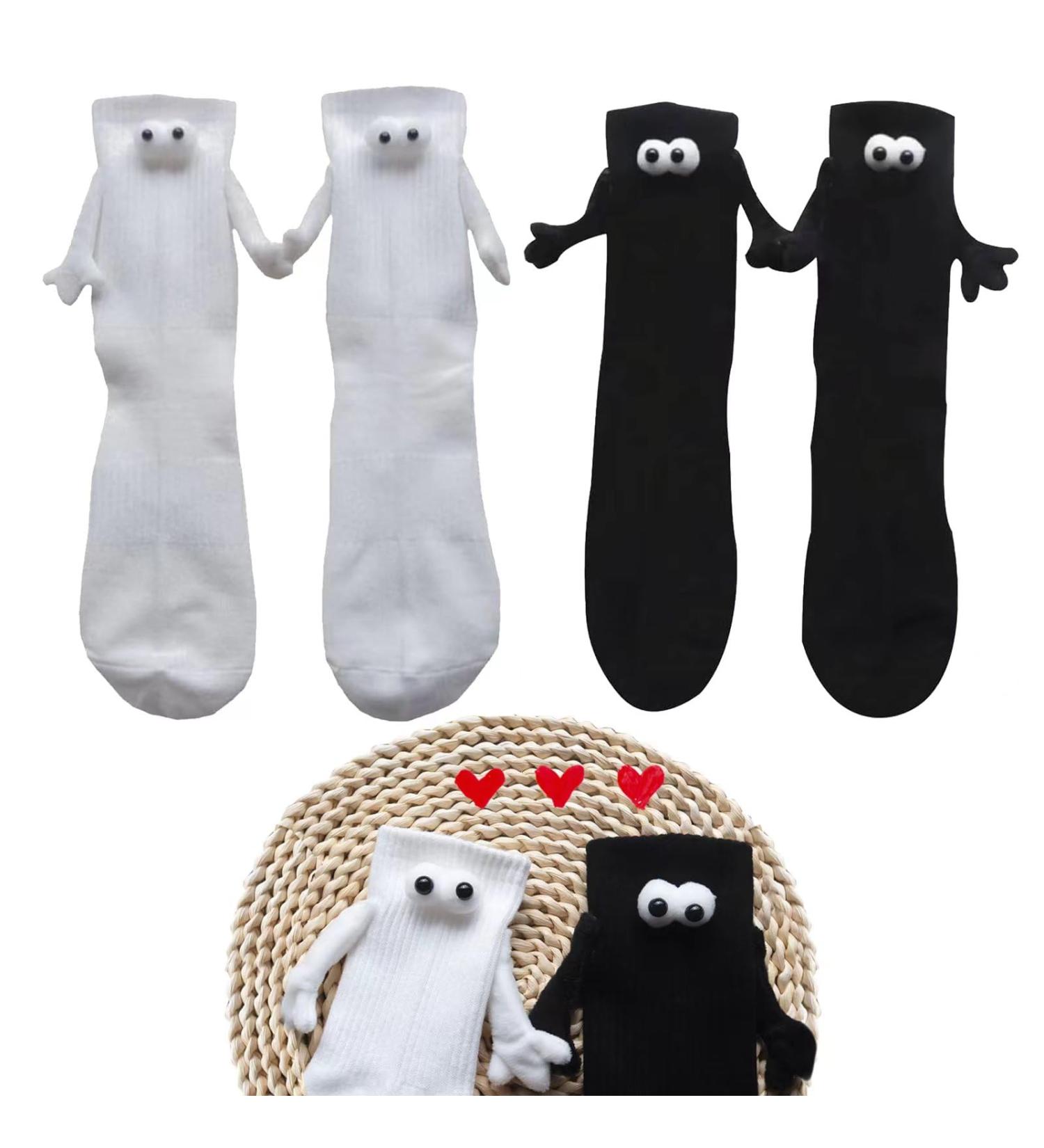 2 Pairs Funny Magnetic Suction Couple Holding Hands 3D Doll Socks - Novelty Mid-Tube Socks for Women Men (Black+White) - Buy Online on GoSupps.com