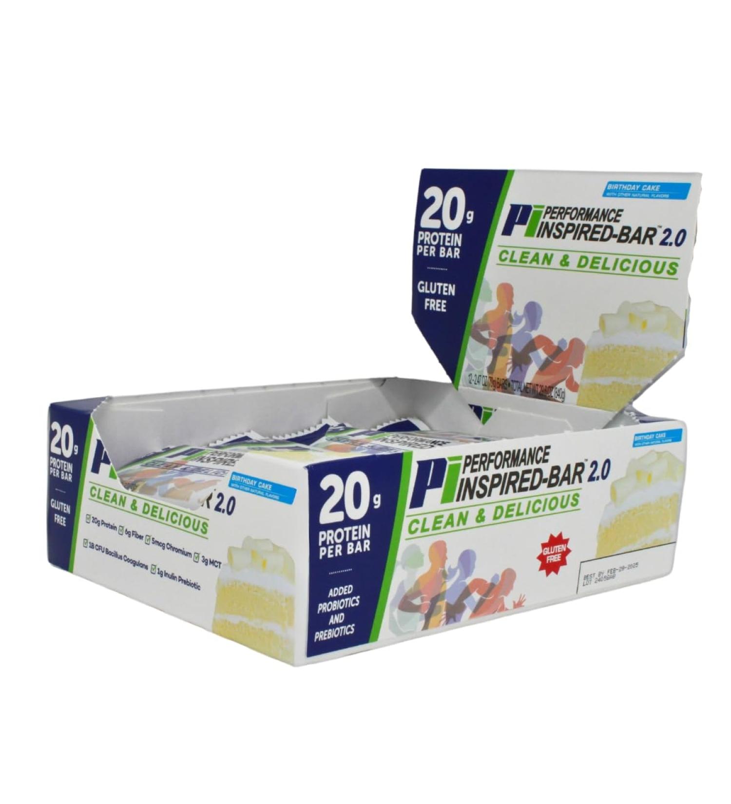 Performance Inspired Nutrition Protein Bar 2.0 - 20g Protein 6g Fiber 3g MCTs Probiotics - Gluten Free Birthday Cake - 12Ct Box - Buy Online on GoSupps.com