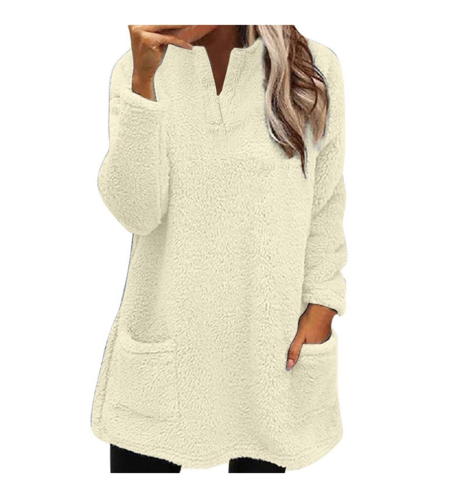 AMhomely Women's Plus Size Double Fleece Hooded Jumper - Soft Teddy Fleece Hoodies with Pocket - V Neck Pullover Sweatshirt for Winter - Beige 3XL - Buy Online on GoSupps.com