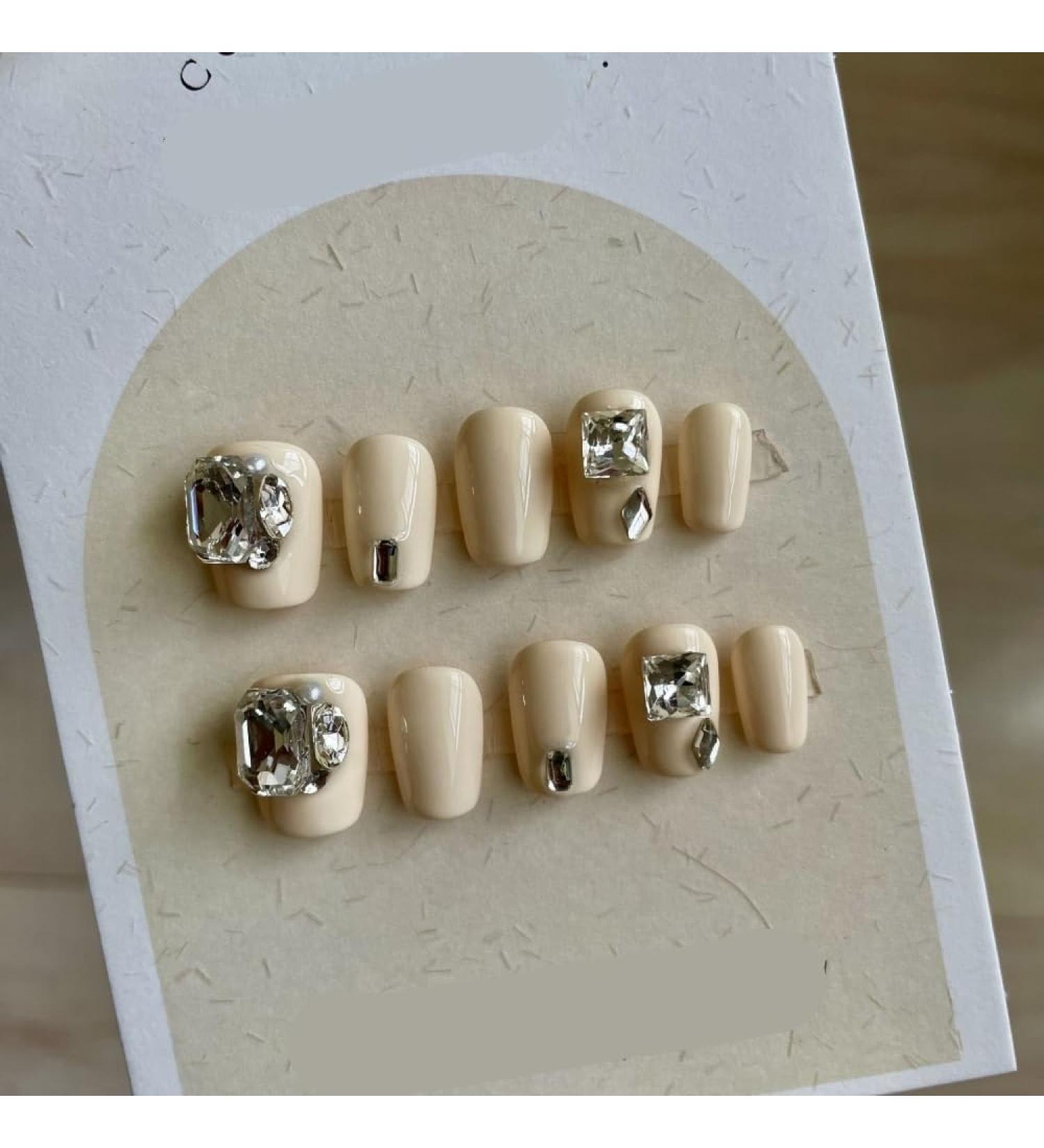 Nude Colored Short Nail | Detachable and Reusable Sparkling Water Diamond Fake Nail Polish for Wearing (Size : XS) - Buy Online on GoSupps.com