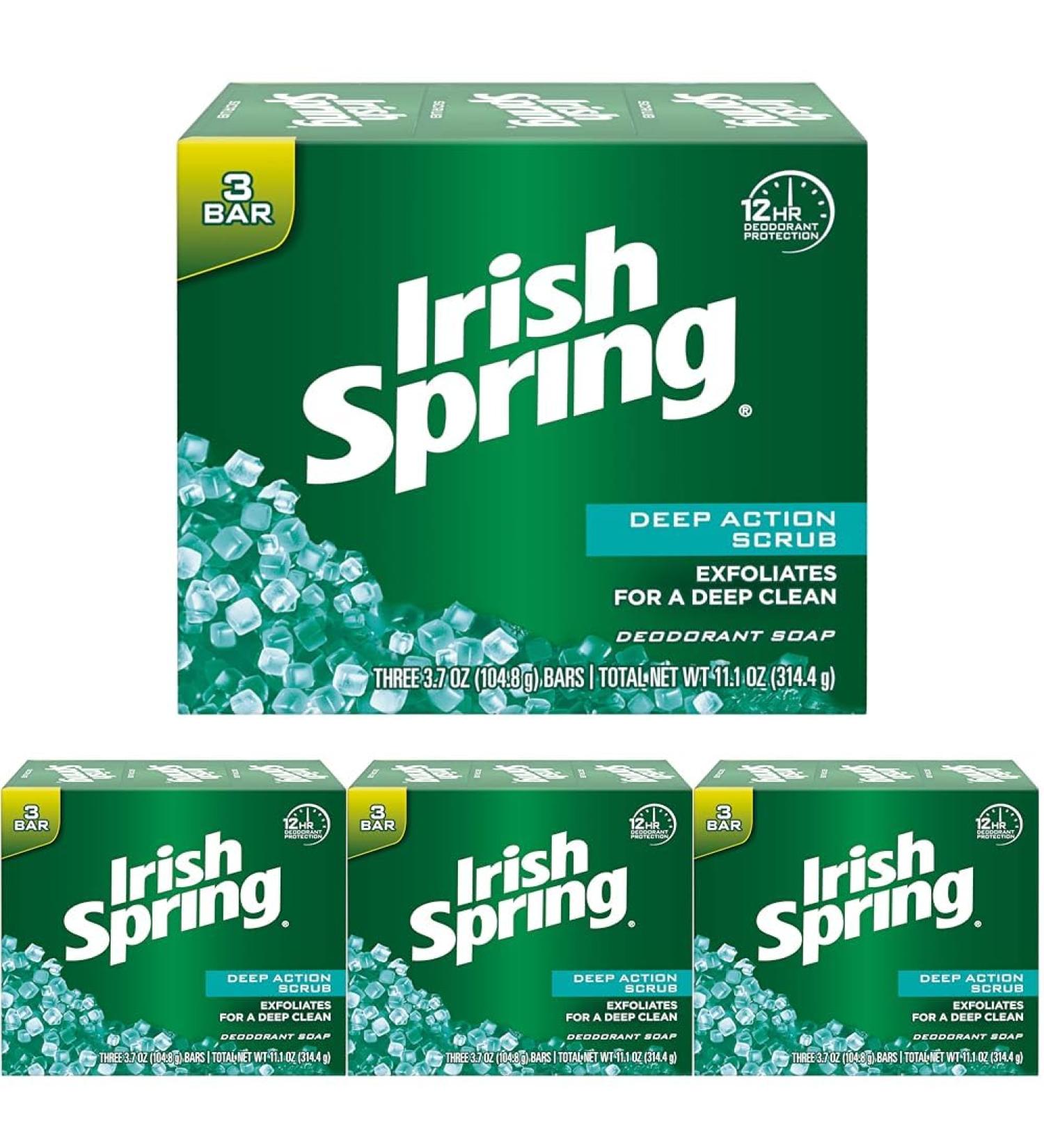 Irish Spring Deep Action Scrub Deodorant Soap by 3 Count Fresh 11.1 Oz (Packaging may Vary) (Pack of 4)
