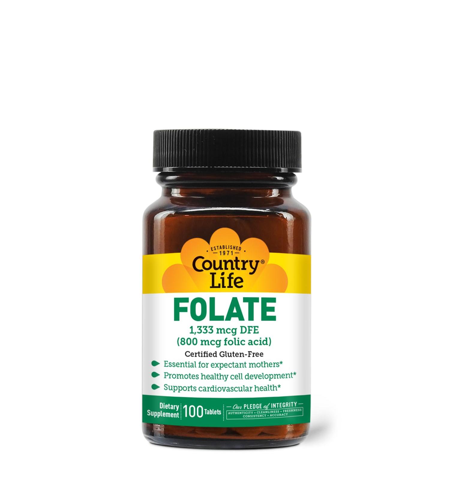 Country Life Folate 800 mcg (Folic Acid) Supports Healthy Cell Development & Heart Health Prenatal Support for Women 100 Tablets Certified Gluten-Free Vegetarian Kosher - Buy Online on GoSupps.com