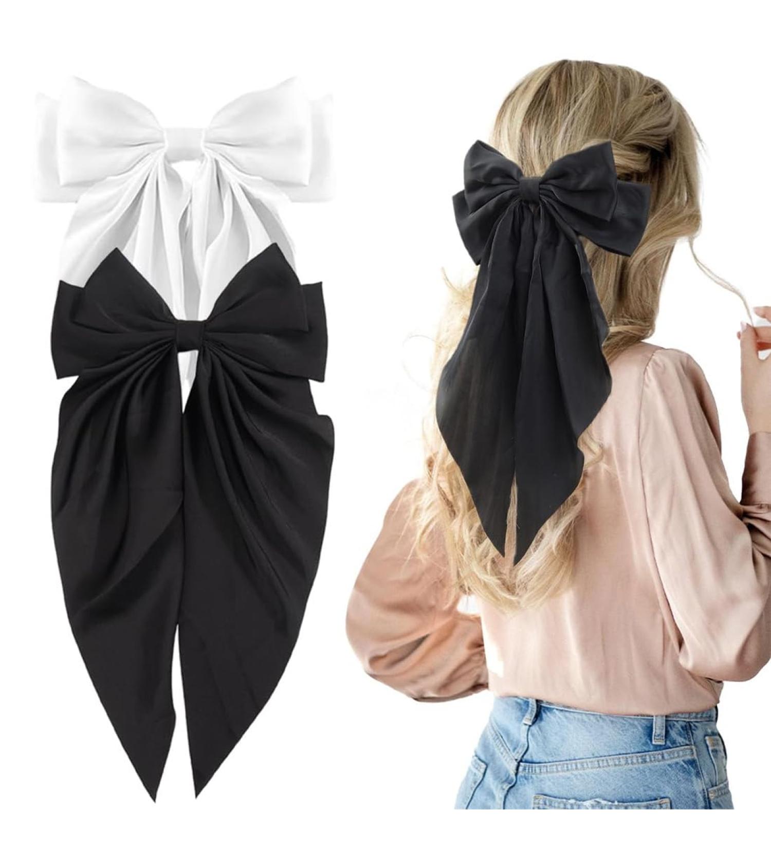 Big Bow Barrettes Long Tail French Ribbon Hair Pins Soft Silky Satin Hair Clip Metal Bowknot Clips 90's Accessories for Party Women Girl (White & Black) - Buy Online on GoSupps.com