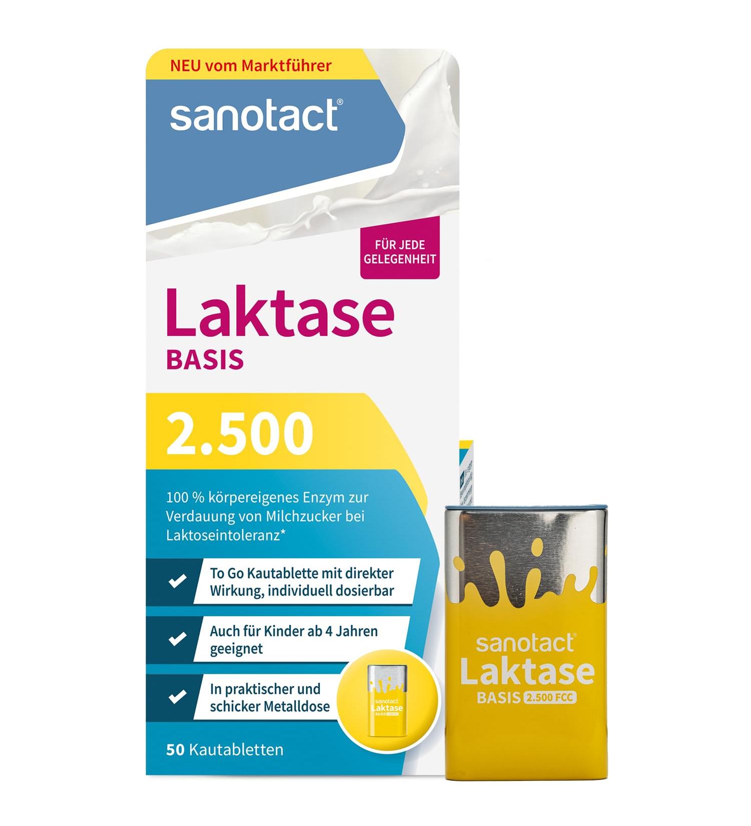 Sanotact Lactase 2 500 | Lactose Tablets for Intolerance | 50 Fast-Acting Lactase Tablets - Buy Online on GoSupps.com