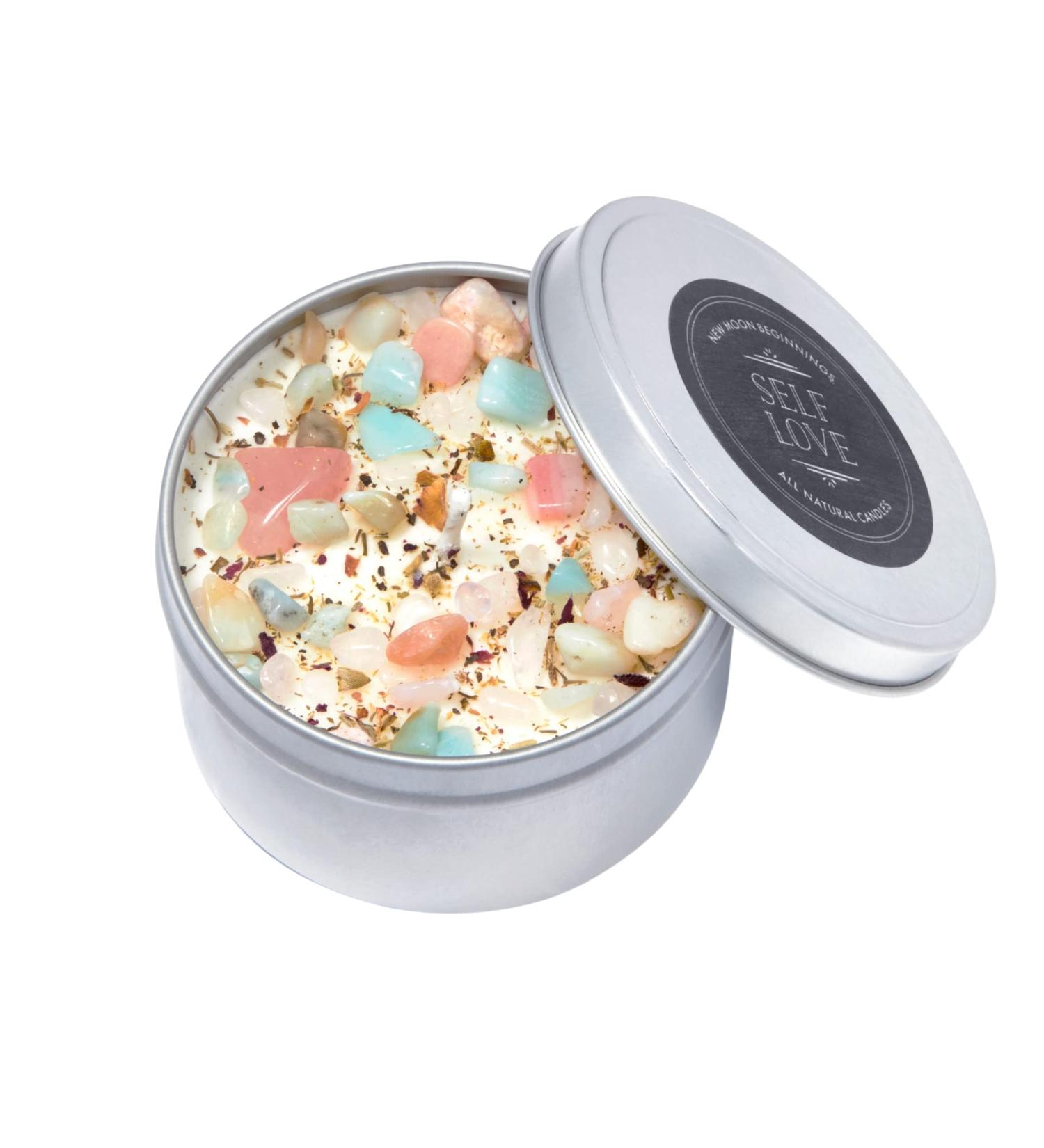 Self Love Candle | Negative Energy Cleansing - Handmade Aromatherapy Soy Candle with Dried Flowers & Crystals - 8oz Tin | New Moon Beginnings - Buy Online on GoSupps.com