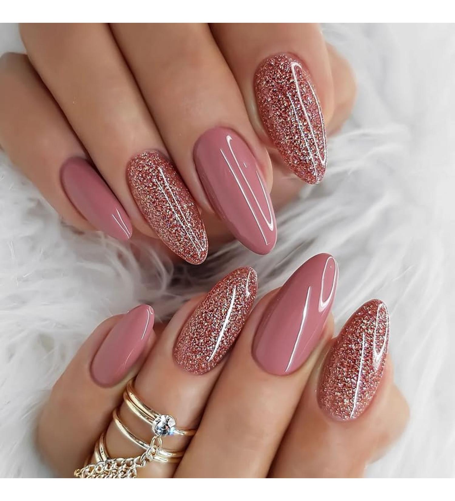 24Pcs/Set Press On Nails Medium Length Brown Glitter Pink False Nails Acrylic Fake Nails Full Cover Nails Tips Artificial Finger Manicure Press on nails for Women and Girls - Buy Online on GoSupps.com