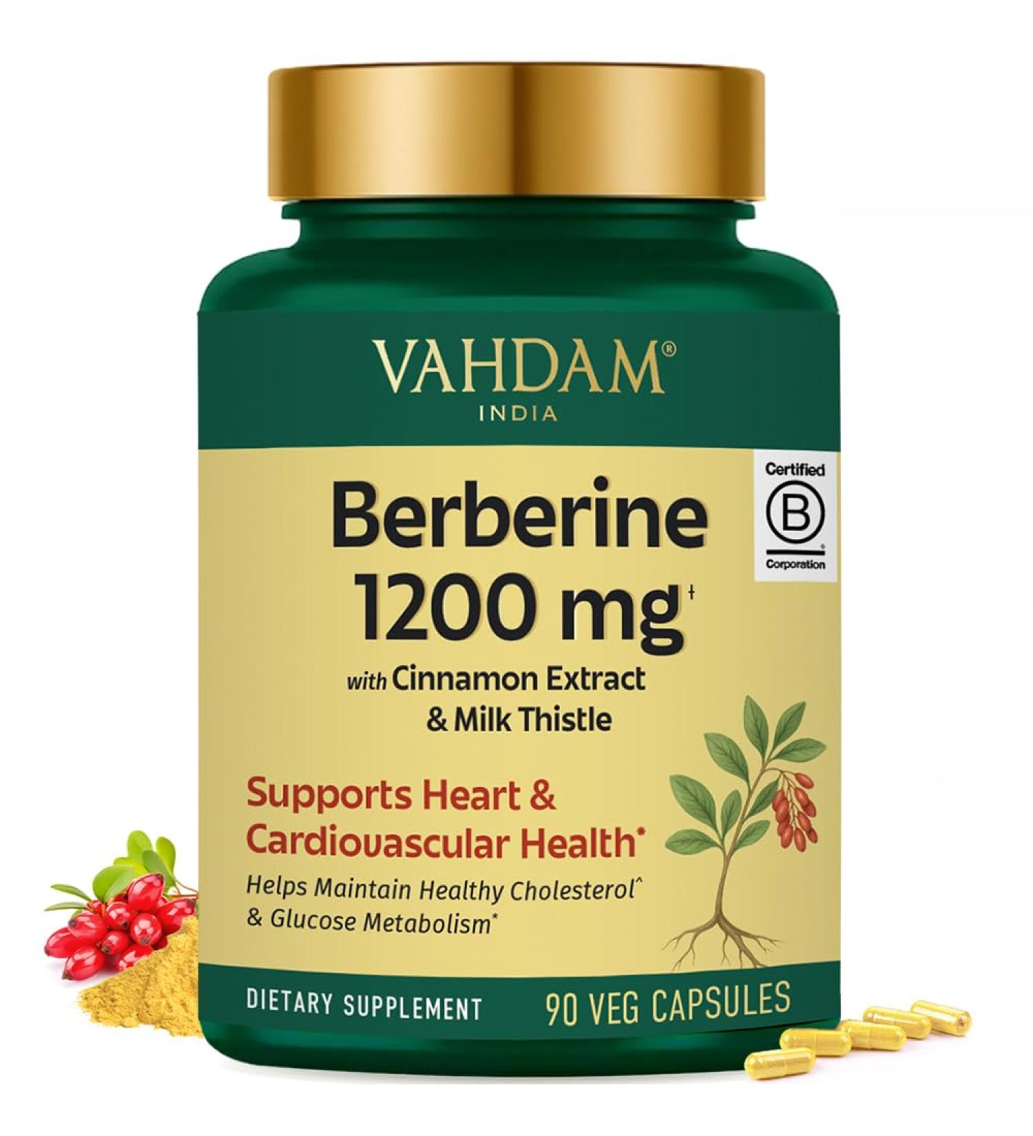 VAHDAM Berberine 97% HCL 1200mg Extract with Cinnamon and Milk Thistle | Supports Heart Health and Helps Maintain Healthy Cholesterol & Glucose Metabolism | 90 Veg Capsules - Buy Online on GoSupps.com