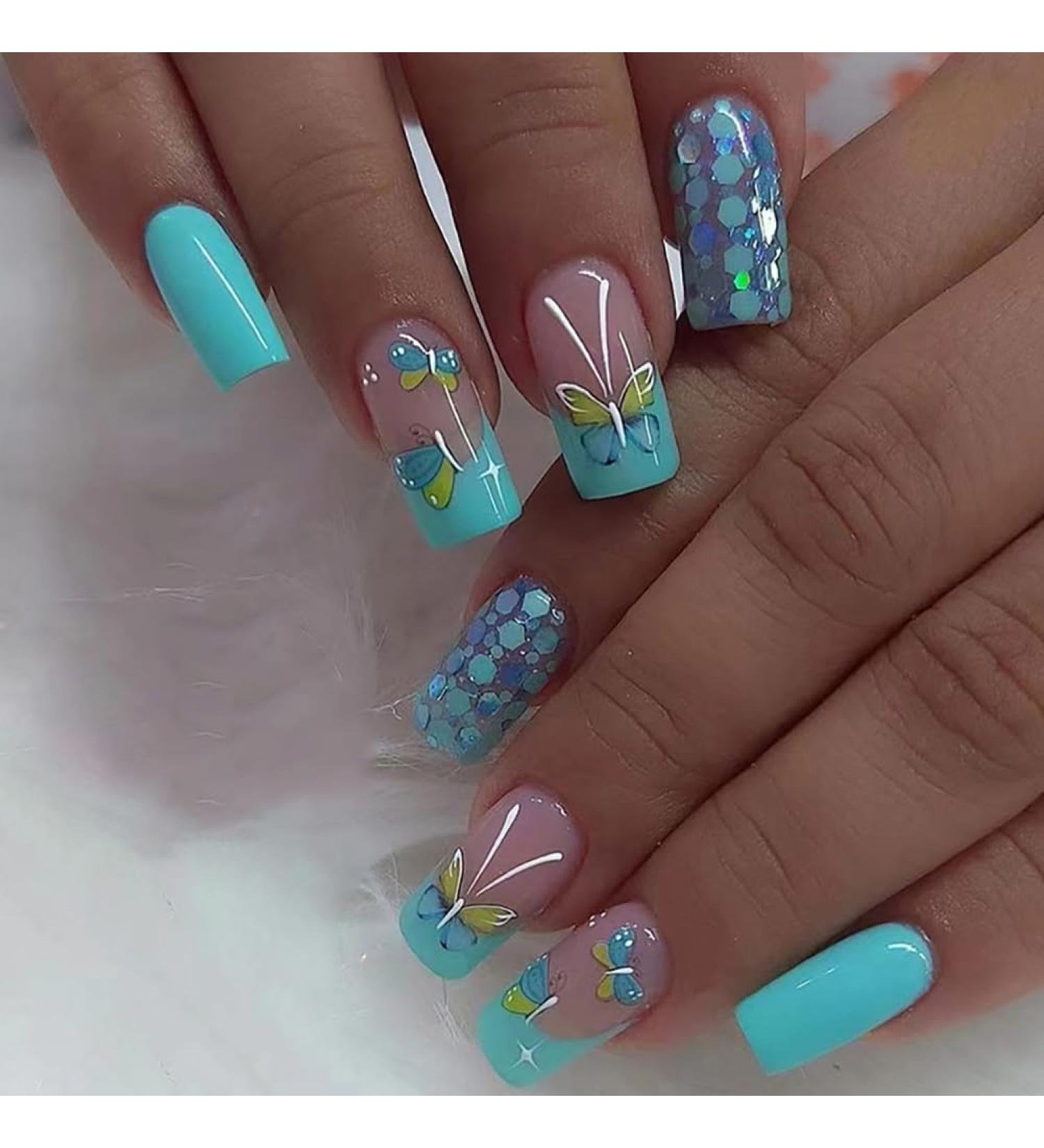24pcs Glossy Square Press on Nails - Blue Green Butterfly Design | Medium Fake Acrylic Nails for Women - Full Cover Glue on Nail Art - Buy Online on GoSupps.com