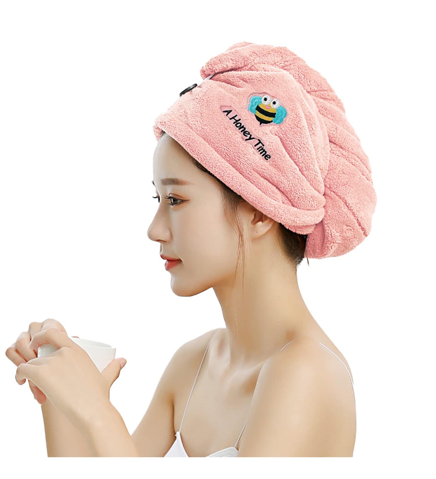 Hair Turban Towel Microfiber - Super Absorbent Quick-Dry Hair Towel with Button Design in Pink Rose | Perfect for All Hair Types - Buy Online on GoSupps.com