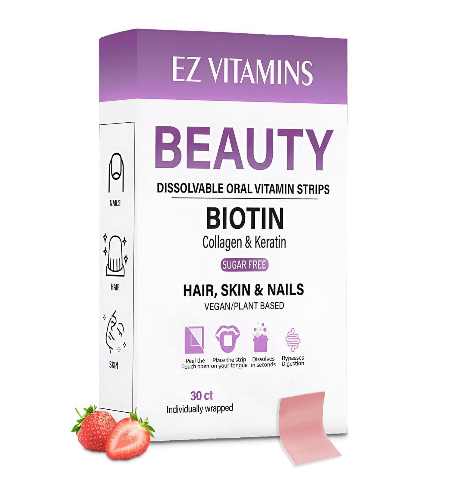 Oral Strips for Hair Growth Glowing Skin & Strong Nails Fast-Acting Biotin Vitamin E Collagen & Folate Supplement for Men & Women 2X Faster Results Strawberry Flavor 30 Strips | Sugar Free - Buy Online on GoSupps.com