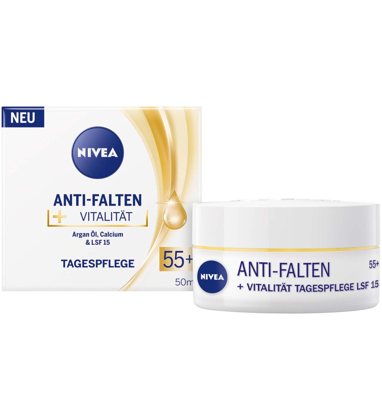 NIVEA Anti-Wrinkle + Vitality Day Cream SPF 15 55+ (50 ml) Face Cream with Argan Oil and Calcium Day Cream Visibly Reduces Lines and Wrinkles - Buy Online on GoSupps.com