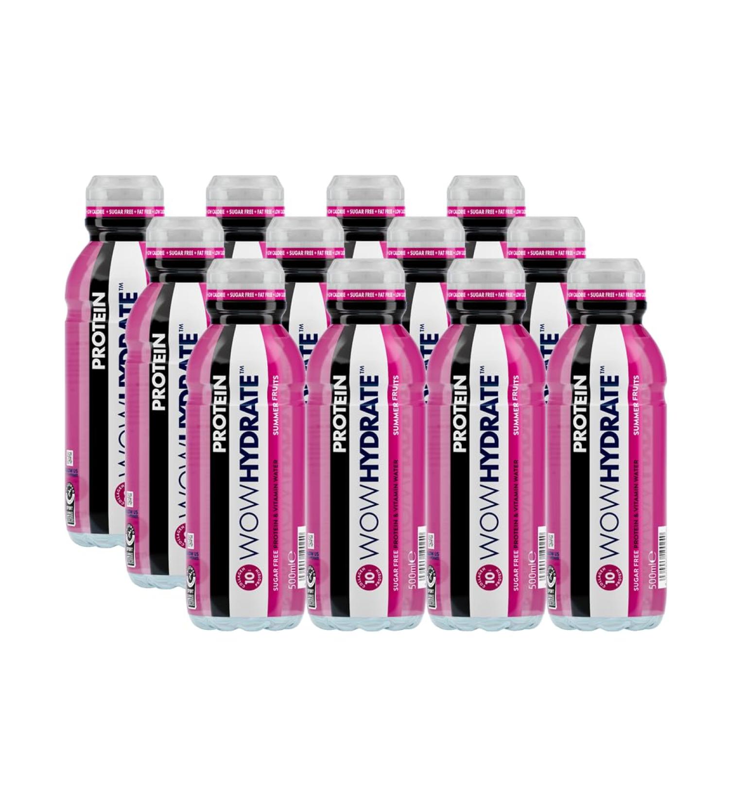 WOW HYDRATE Protein Water Summer Fruits Flavour Protein Drink Natural Flavourings Healthy Hydration 10g Protein Low Calorie Sugar Free & Fat Free Your Everyday Protein Boost 12 x 500ml