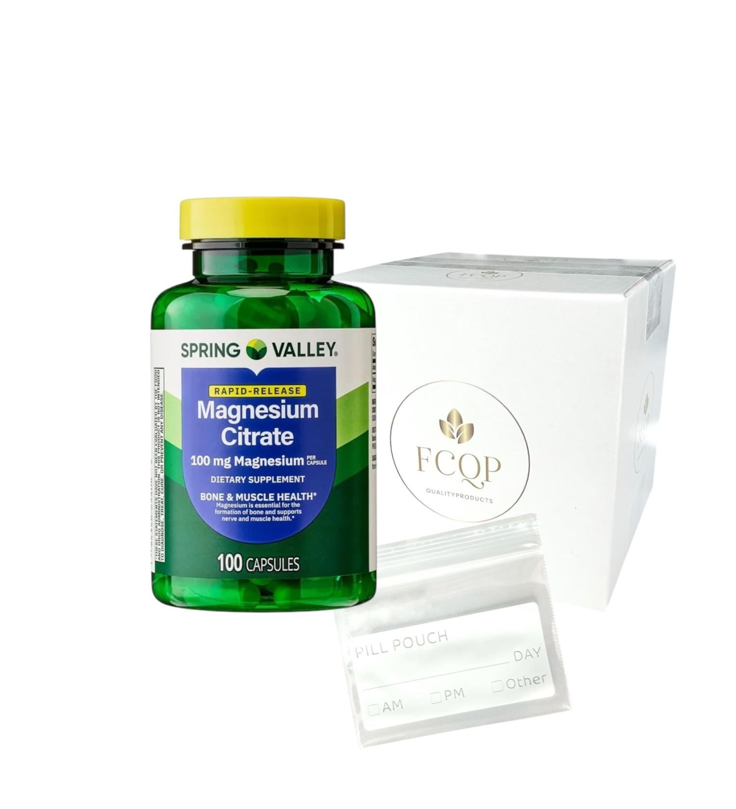 FCQP Spring Valley Rapid-Release Magnesium Citrate Bone Health Dietary Supplement Capsules 100 mg 100 Count Included is a Pill Pouch and FCQP Sticker