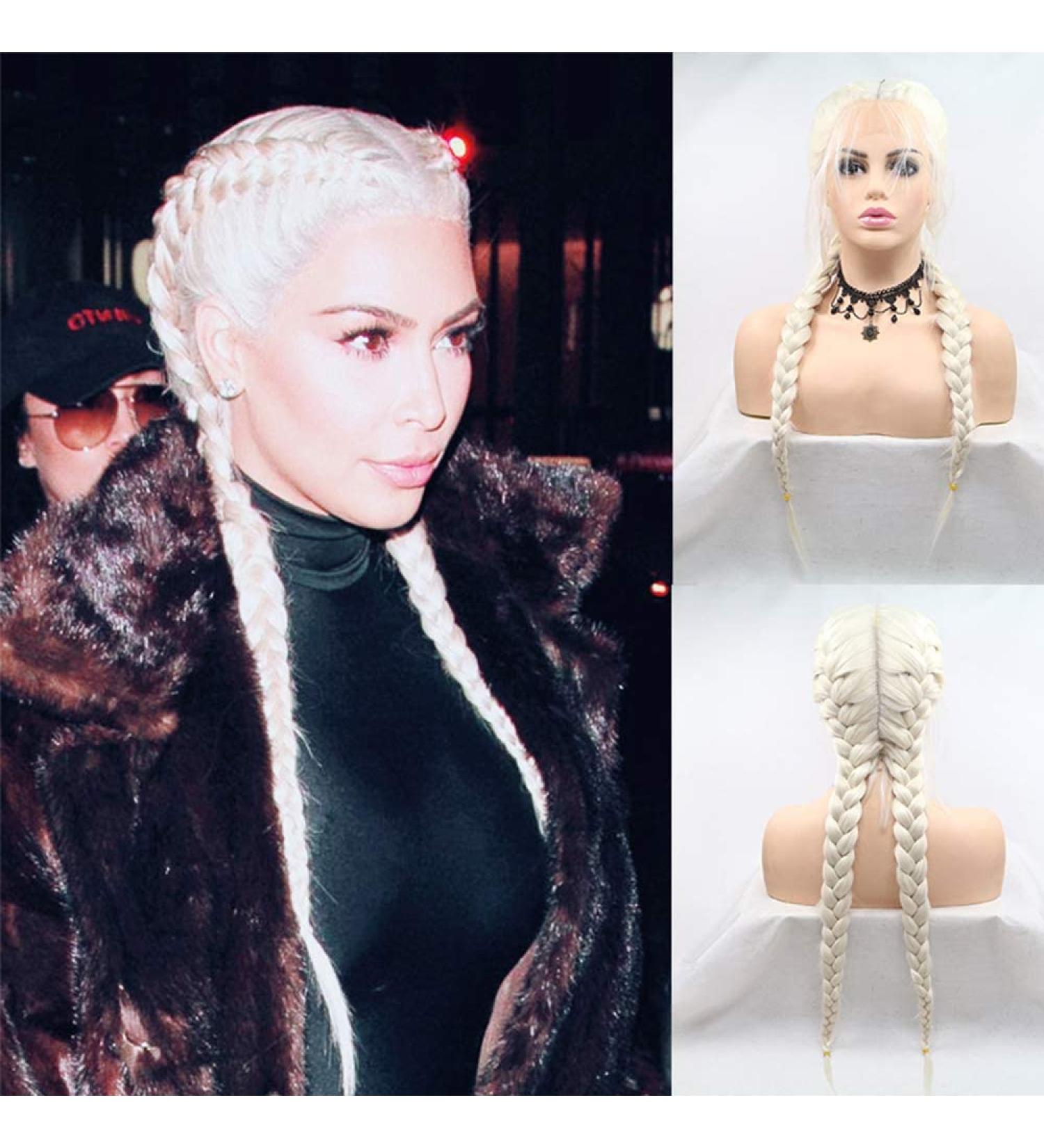 Kardashian Inspired Platinum Blonde Double Braided Wig 22 Lace Front Synthetic Hair for Women | Perfect for Cosplay & Parties - Buy Online on GoSupps.com