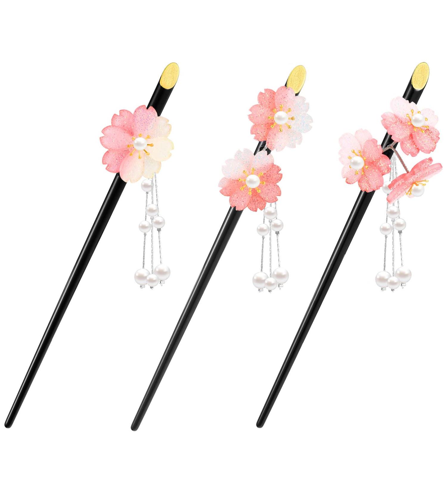 Japanese Style Geisha Hair Pins: 3-Piece Set with Pink Cherry Blossom Stick and Tassel - Vintage Chinese Theme for Women and Girls - Buy Online on GoSupps.com