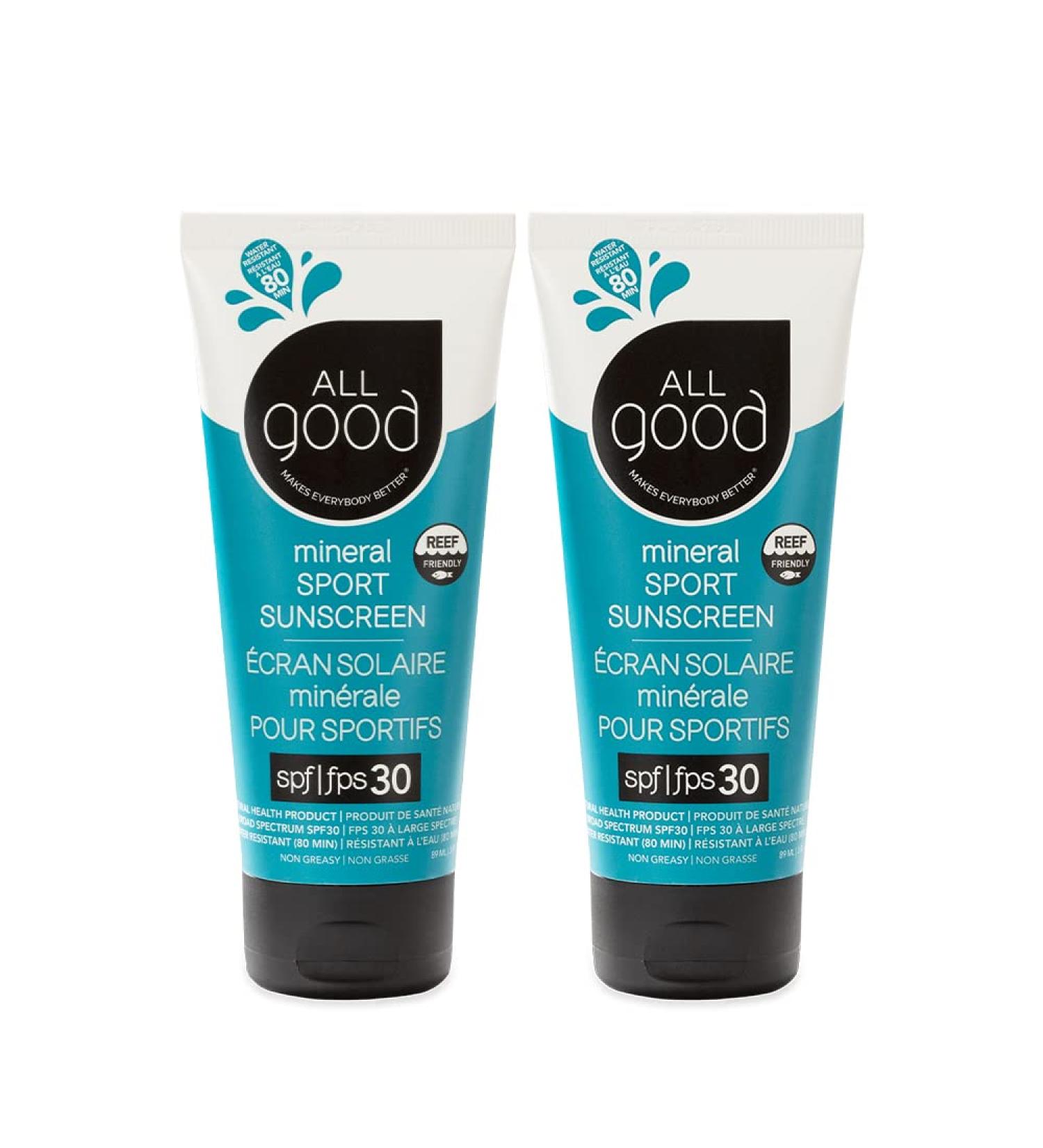 All Good Sport Face & Body Sunscreen Lotion - TSA-Friendly Camping & Backpacking SPF30+ (3 oz) - Zinc, Shea Butter, Coconut Oil, Aloe - Water Resistant - 2-Pack - Buy Online on GoSupps.com