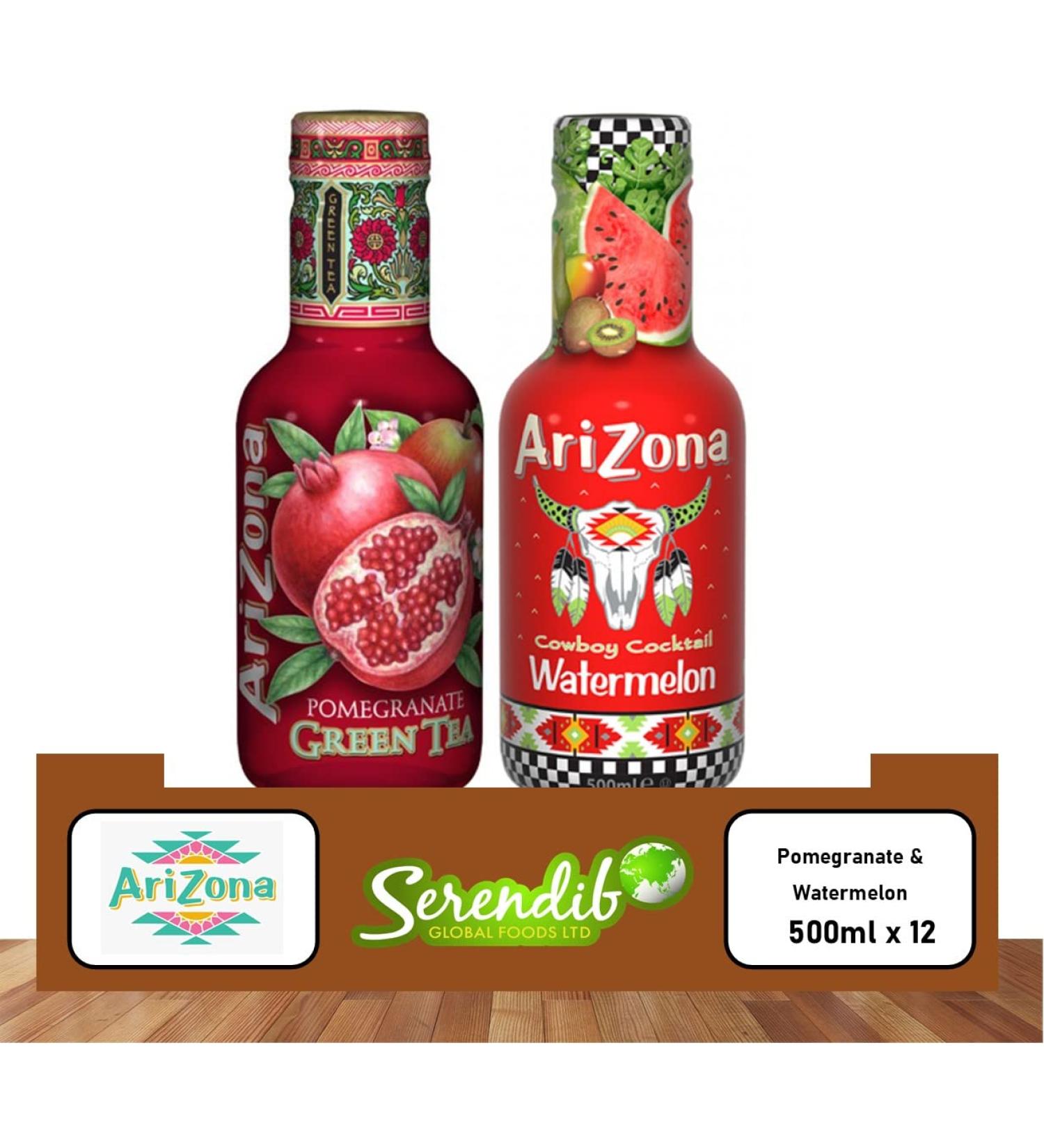 Arizona Green Tea Pomegranate & Watermelon Flavours 500ml Each (Pack of 12) - Buy Online on GoSupps.com
