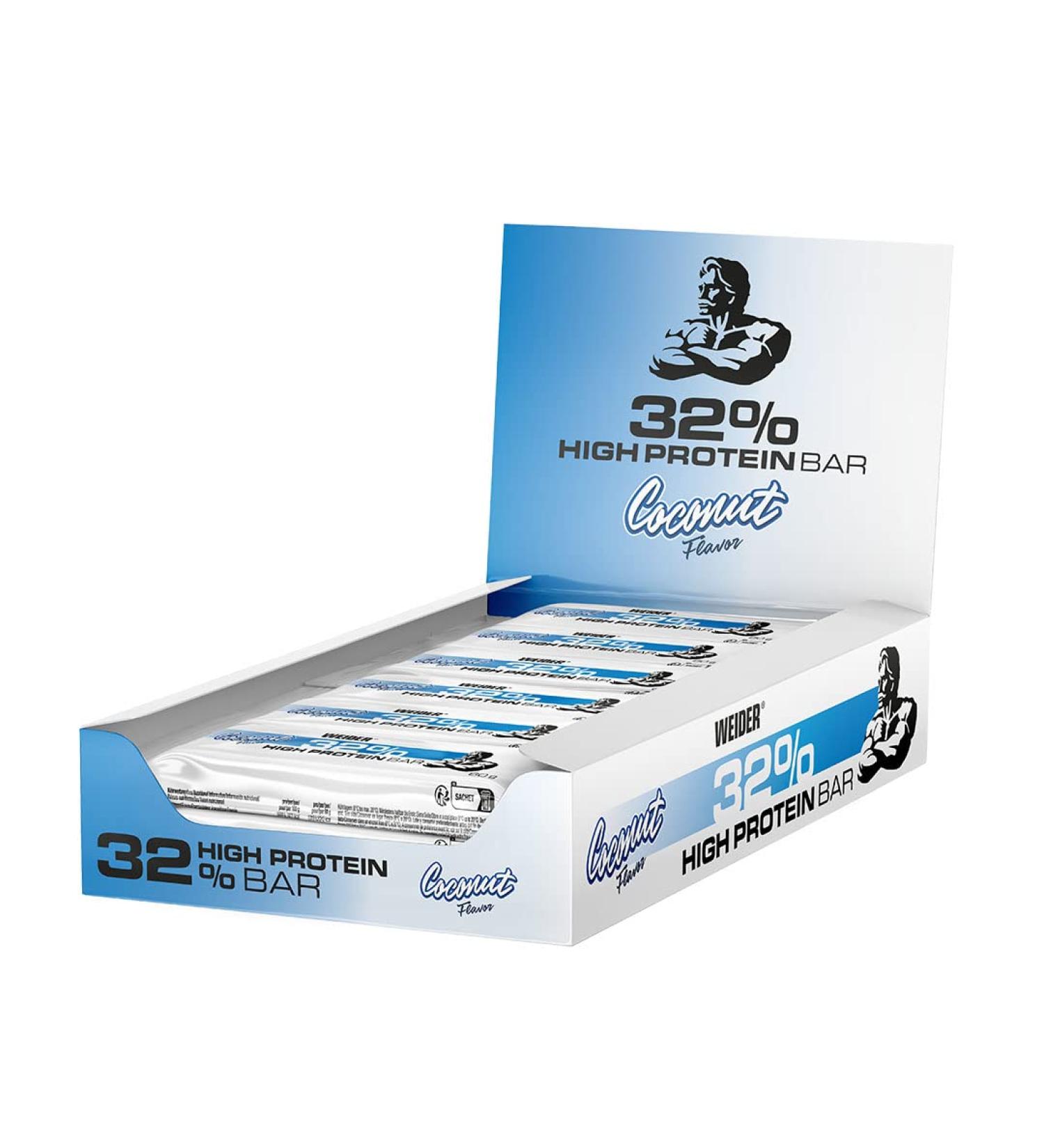 Weider 32% Protein Bar - Delicious Chocolate-Coated Energy Snack | High Protein Coconut Bars (12 x 60g) for Muscle Building - Buy Online on GoSupps.com