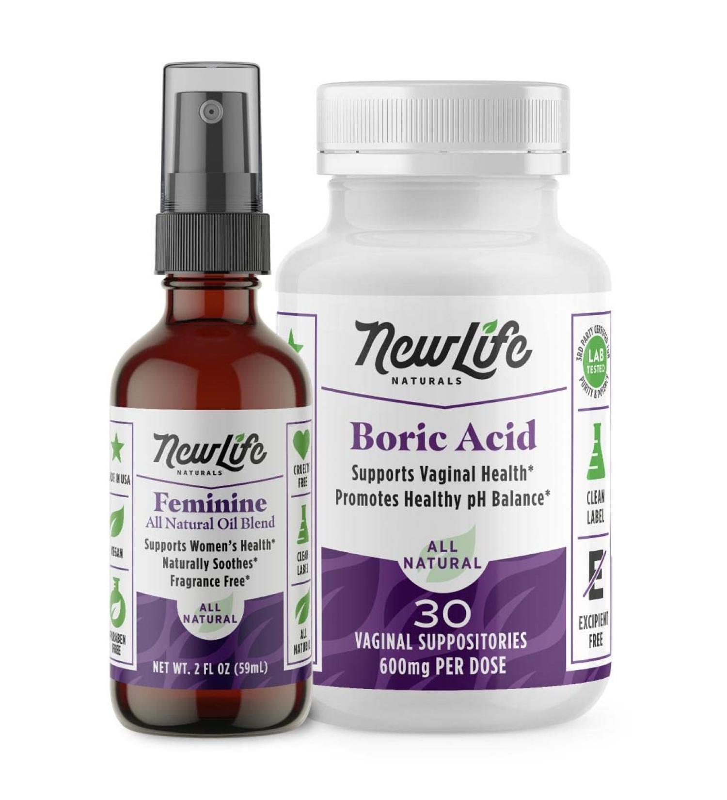 NewLife Naturals Boric Acid Suppositories 600mg with Intimate Feminine Spray - All Natural pH Balance for Women | Made in USA - Buy Online on GoSupps.com