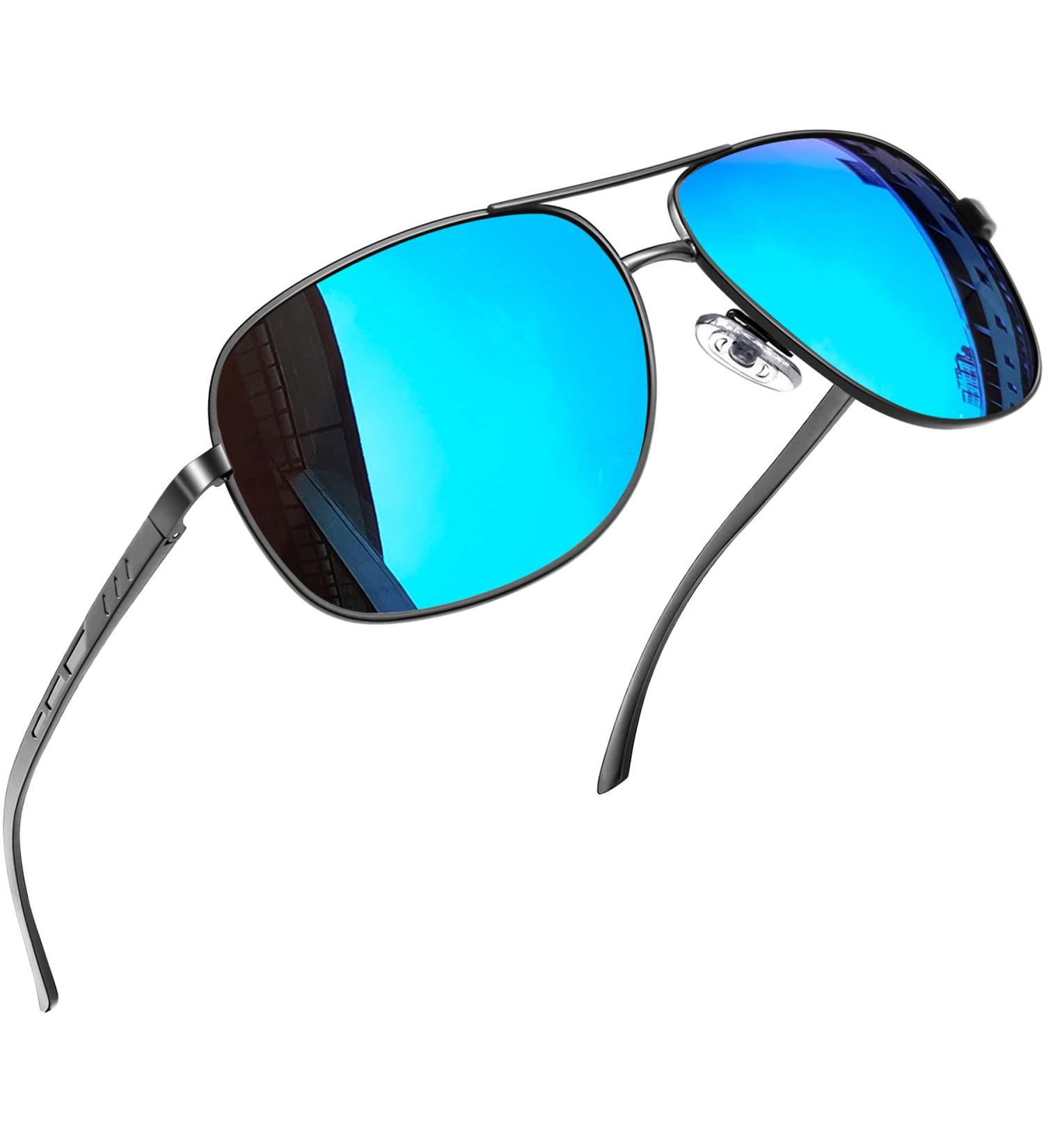 Joopin Polarised Sunglasses Al-Mg Metal Frame Double Bridge Aviation Sunglasses | UV Protection for Men & Women - A06 Gun Frame Blue Mirrored Lens - Buy Online on GoSupps.com