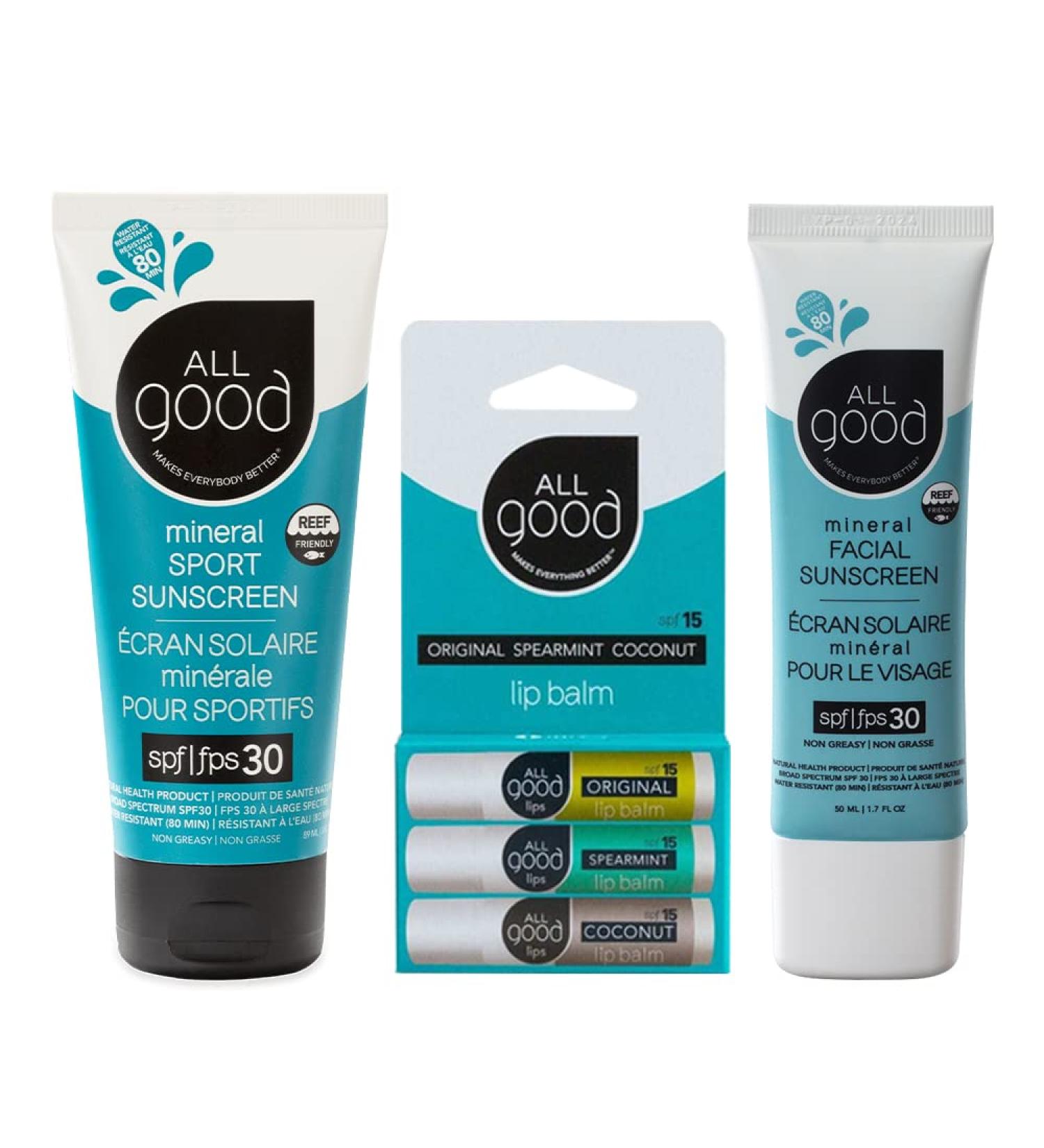 All Good SPF 15 Lip Balm Mineral & Facial Sunscreen Bundle - Broad Spectrum SPF 30+ Water Resistant - Includes (1) SPF 30 Sport Sunscreen (1) Lip Balm SPF 15 3-Pack and (1) Facial Sunscreen - Buy Online on GoSupps.com