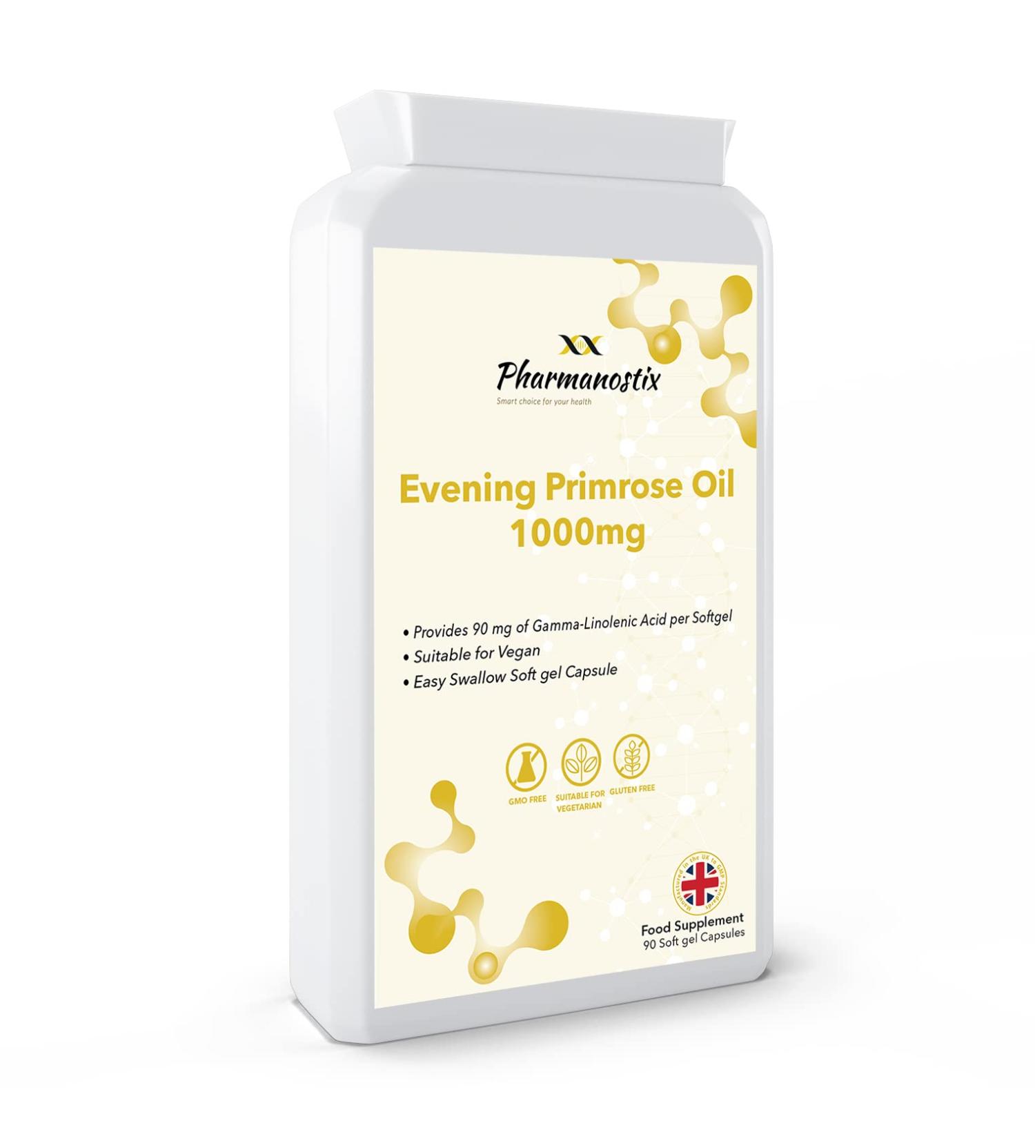 Evening Primrose Oil 1000mg 90 Vegan Softgel Capsules with Vitamin E - Cold Pressed, High GLA Formula - UK Made by Pharmanostix - Buy Online on GoSupps.com