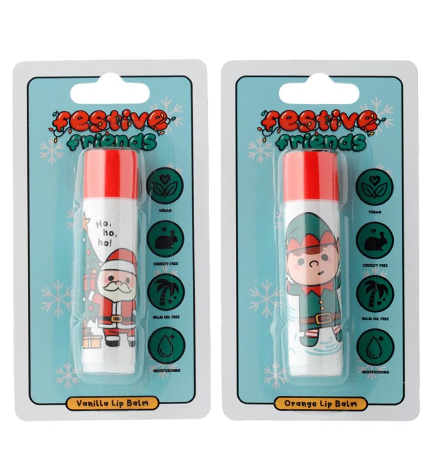 Puckator Festive Friends Christmas Elf & Santa Stick Lip Balm Orange (Elf) & Vanilla (Santa) - Lip Care Stick Balms Chapstick Holiday Essentials For Women Family Lipbalm Moisturiser Exfoliator Cream