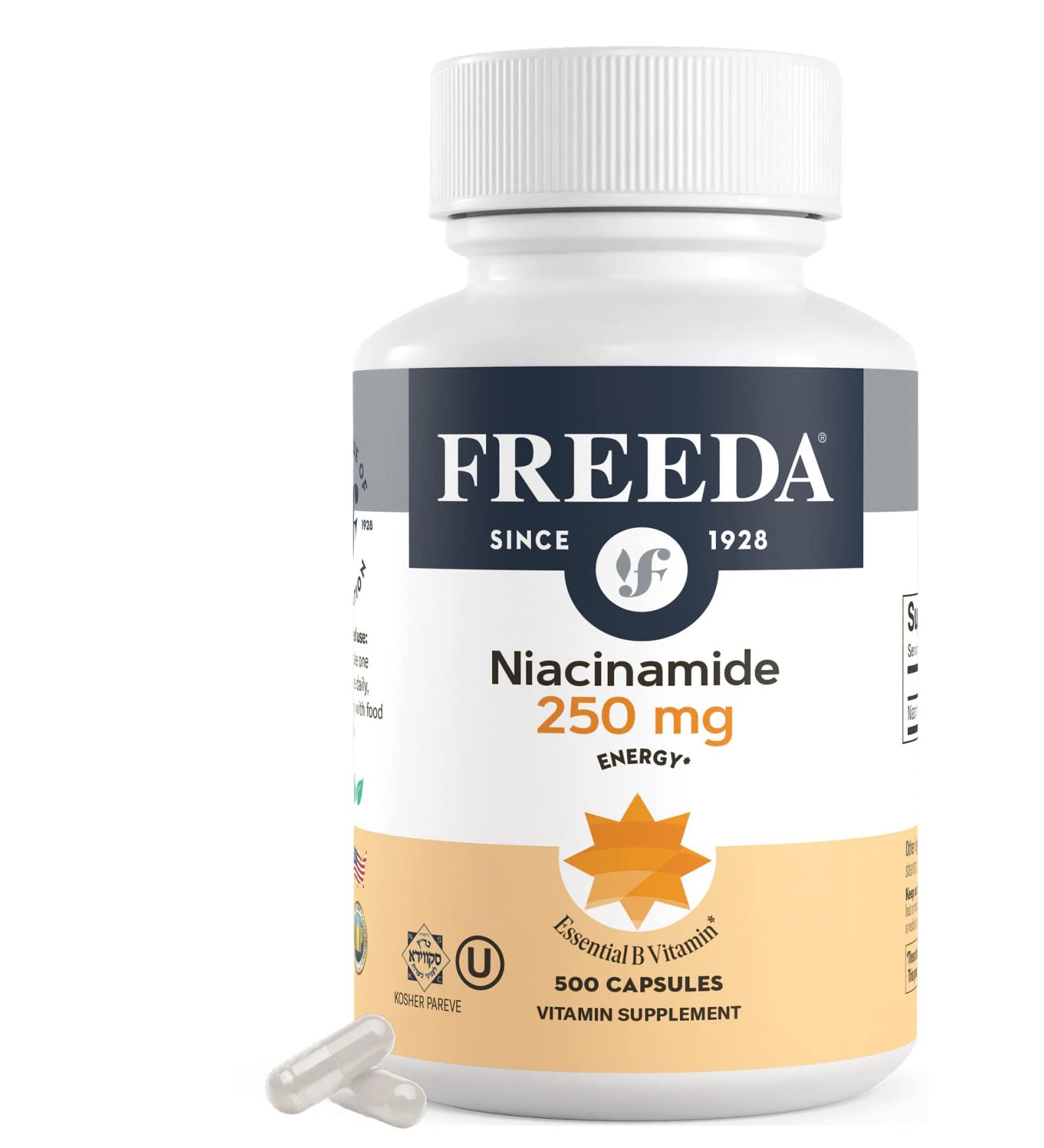 Freeda Niacinamide 250mg Capsules - Vegetarian Flush-Free Vitamin B3 Supplement - 500 Capsules - Buy Online on GoSupps.com