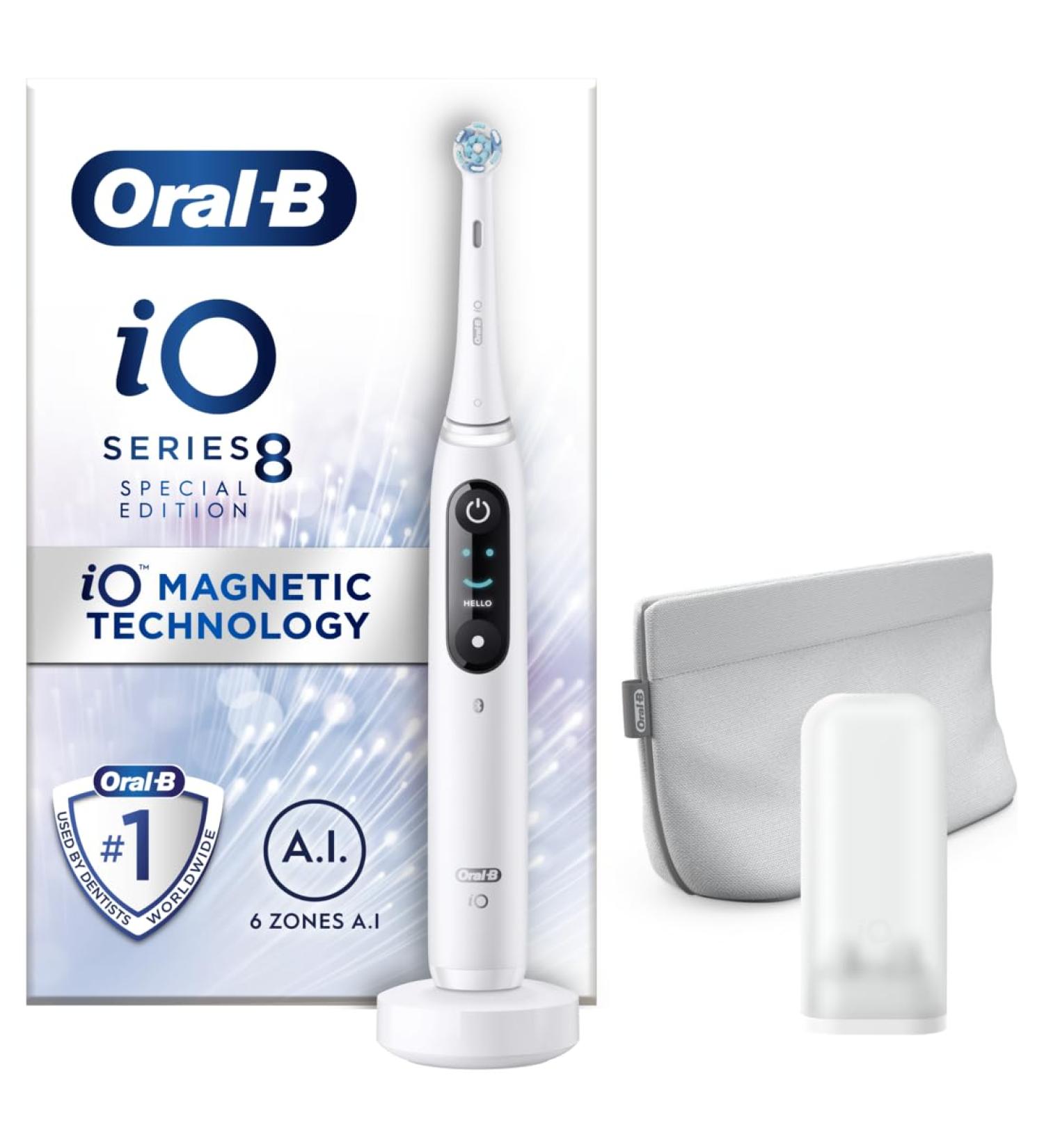 Oral-B iO8 Electric Toothbrush Christmas Gift Set with App Connected Handle for Adults - 6 Modes Teeth Whitening, Ultimate Clean Head, Magnetic Pouch - 2 Piece Set for Women/Him - White, 2 Pin UK Plug - Buy Online on GoSupps.com