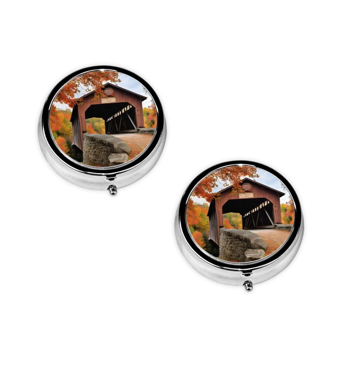 Albany Covered Bridge Round Pill Box - 3 Compartment Portable Travel Organizer for Vitamins & Medicine - Buy Online on GoSupps.com