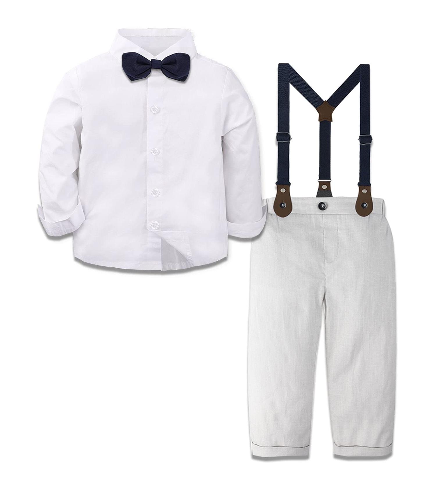 Mint Green Baby Boy Outfits Set | Gentleman Wedding Suit 4pcs | Long Sleeves Striped Shirts, Trousers, Suspenders, Bowtie | 2-3 Years | White Grey - Buy Online on GoSupps.com