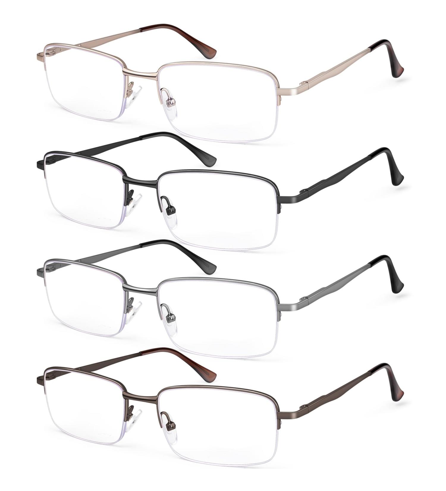 4 Pack Blue Light Blocking Reading Glasses for Men | Half Rim Metal Readers with Spring Hinge | Computer Eyeglasses in Black Gray Brown Gold - 2.0x - Buy Online on GoSupps.com