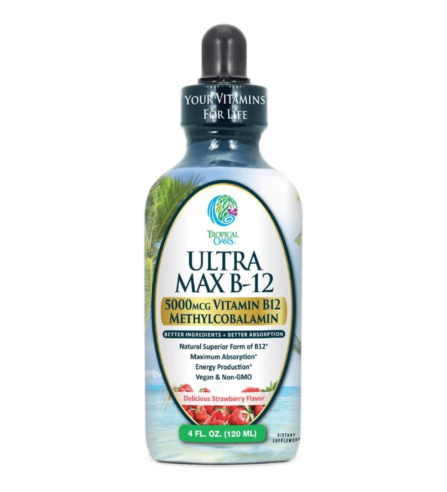 ULTRA MAX B12 | Max Potency 5000mcg Vitamin B12 Sublingual Liquid Drops | Methyl B12 (Methylcobalamin) | Max 98% Absorption Rate | Increase Energy & Metabolism*| Vegan Non-GMO Strawberry flavor -4oz