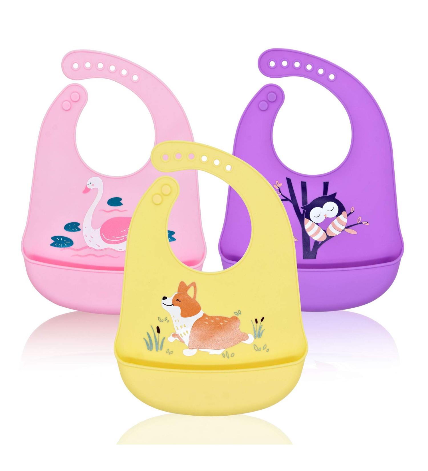 Baogaier Waterproof Silicone Baby Bibs with Crumb Catcher - 3 Pack | Easy Clean, Soft Pocket, Animal Design | Ideal for Feeding, Weaning, and Toddler Mealtime | Purple, Yellow, Pink - Buy Online on GoSupps.com