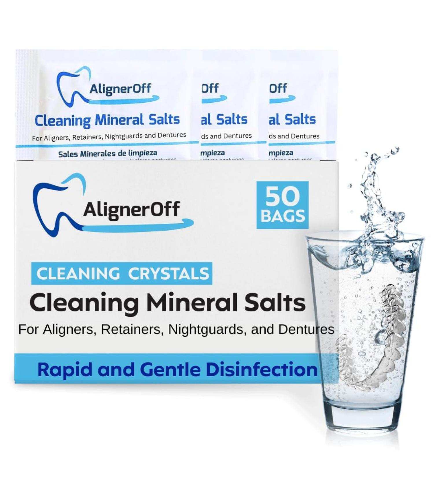 AlignerOff Cleaning Mineral Salts Cleaner Crystals for Aligners, Retainers, Nightguards, & Dentures Removes Stains, Plaque & Odors Daily Safe Formula for Dental Appliances-3g Powder - Buy Online on GoSupps.com