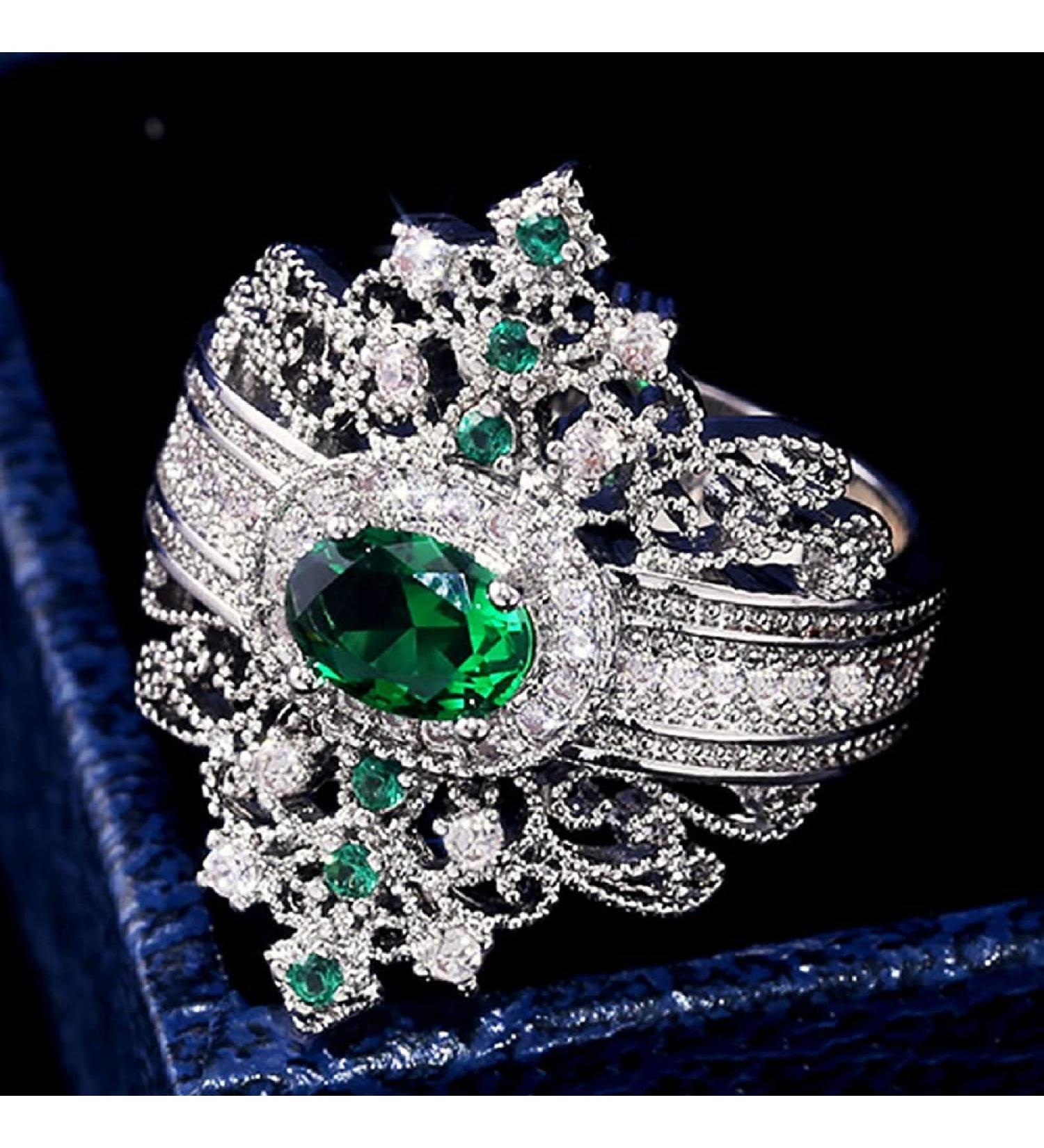 Royal Noble Emerald Ring - 18K White Gold Plated CZ Vintage Style Ring - 925 Sterling Silver Wedding Ring Set - Size 8 - Buy Online on GoSupps.com