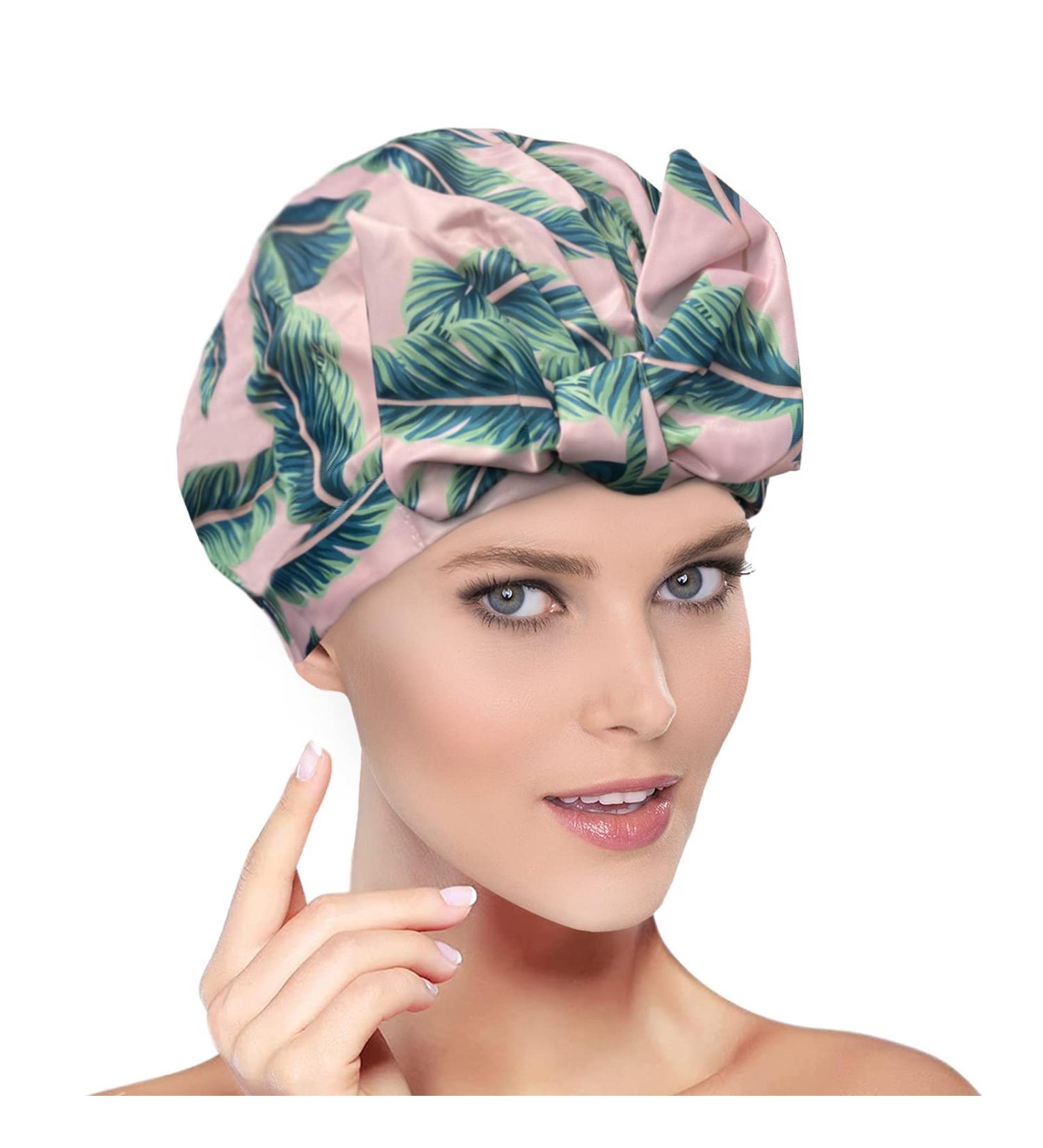 Reusable Waterproof Luxury Shower Cap for Women | Upgraded Satin Material | Waterproof EVA Coating | Adjustable Elastic Band | Large Size for Long, Short, Curly Hair - Pink Leaves - Buy Online on GoSupps.com