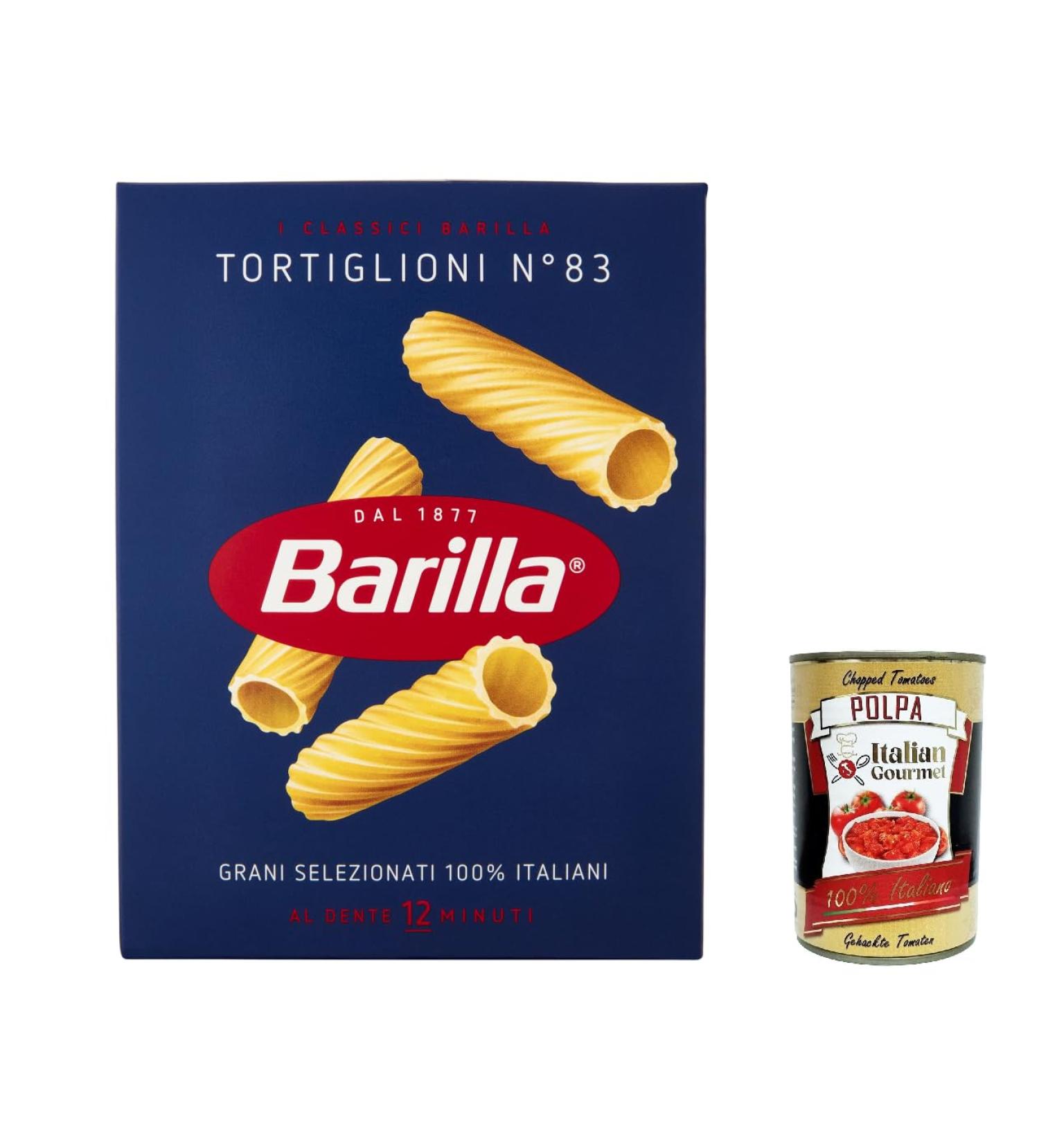  Italian Gourmet E.R. Barilla Tortiglioni No. 83 Pack of 10 pasta 100% Italian made with durum wheat semolina 500g + Italian Gourmet Polpa di Pomodoro 400g can - Buy Online on GoSupps.com