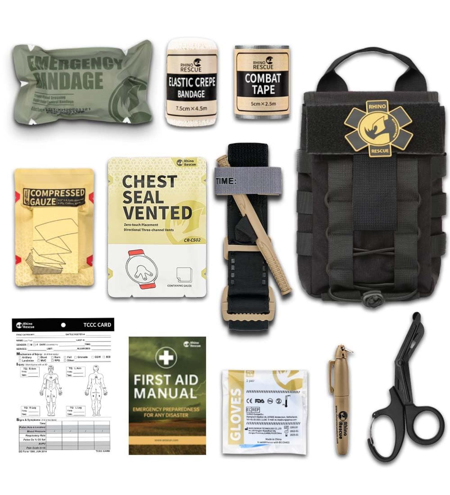 Rhino Rescue IFAK Trauma Kit - Black Molle Emergency First Aid Pouch for Tactical Military Camping & Everyday Carry - Buy Online on GoSupps.com